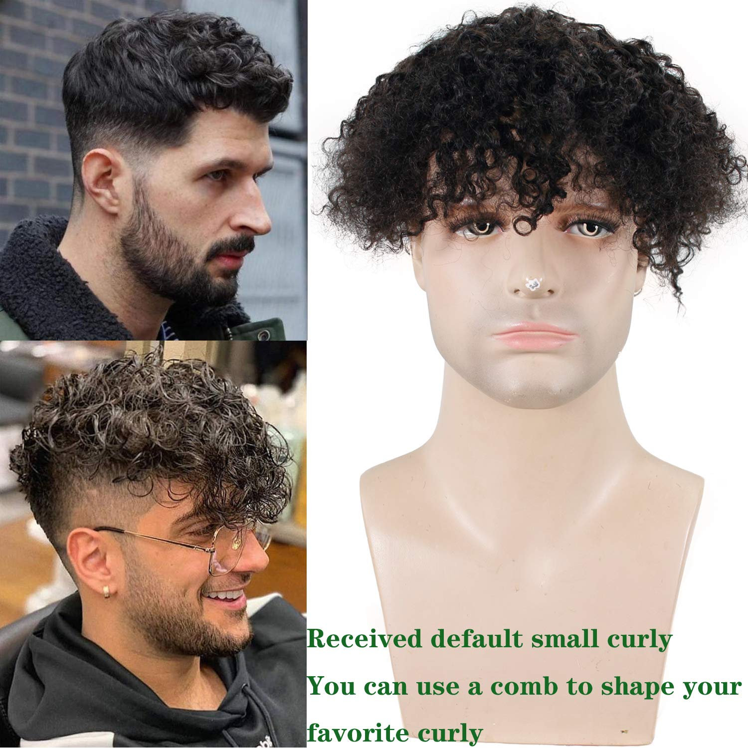 Premium European Human Hair Toupee for Men - Mono Lace with PU Perimeter Curly Wig Replacement System (Natural Black, 9