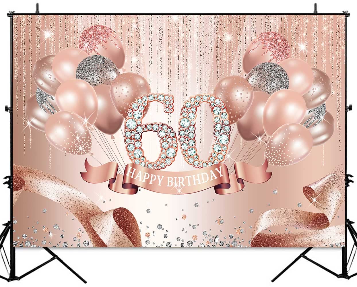 60th Birthday Party Backdrop - Rose Gold & Pink Glitter Photography Background with Balloons & Ribbons (8x6ft) | Perfect for Women's Diamond Anniversary Celebrations, Photo Studio Props & Milestone Birthday Decorations