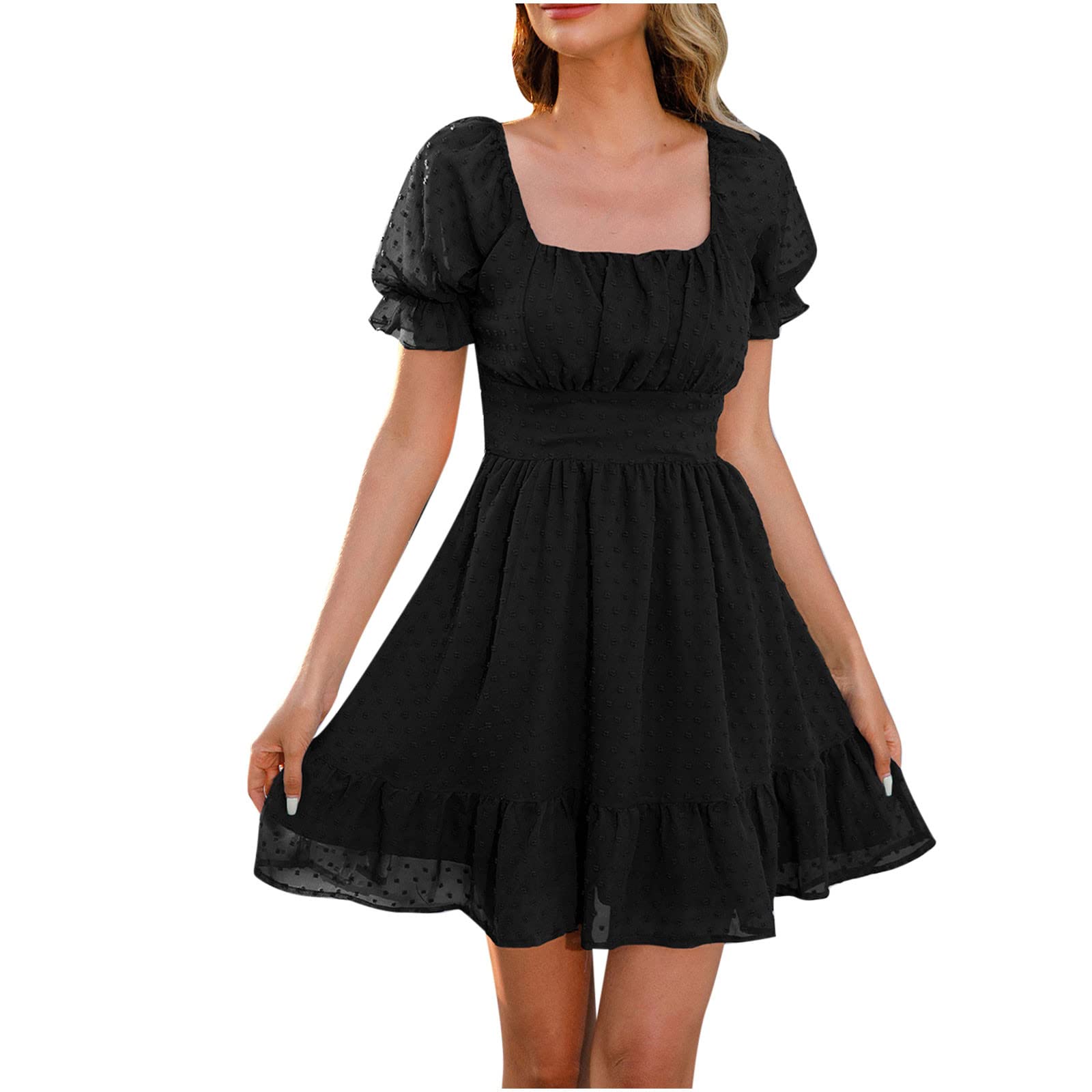 Women's Flowy Swiss Dot Chiffon Mini Dress - Short Sleeve A-Line Square Neck Casual Wedding Guest Dress in Black | Perfect for Summer Parties, Bridal Showers & Cocktail Events