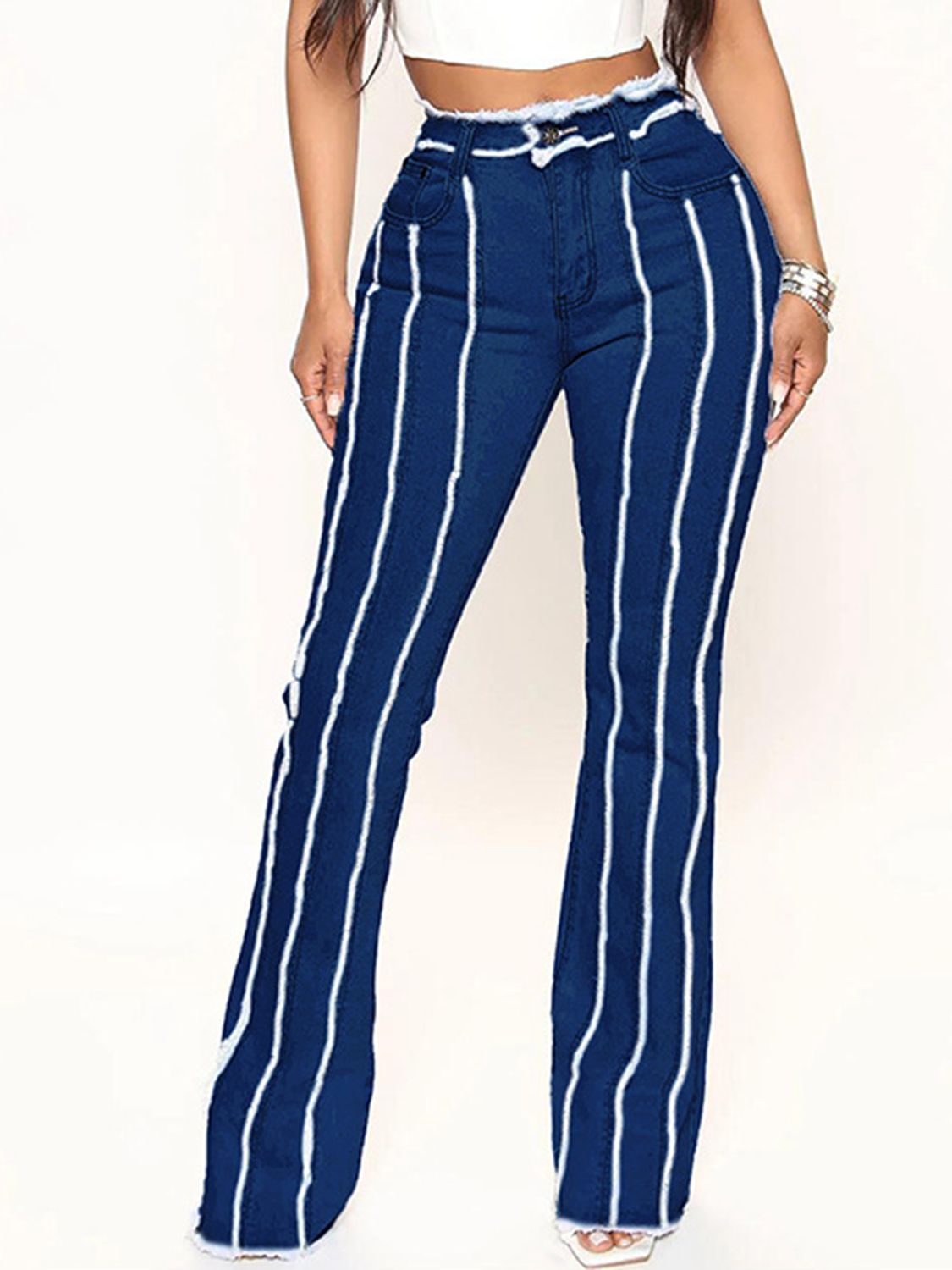 Stylish Striped Raw Hem Jeans for Women - Trendy Distressed Denim Pants with Frayed Edge - Perfect for Casual Outfits, Streetwear & Everyday Wear