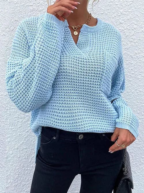 Notched Long Sleeve Sweater for Women - Cozy Knit Pullover with Ribbed Cuffs - Perfect for Fall & Winter Layering, Office Wear and Casual Outfits