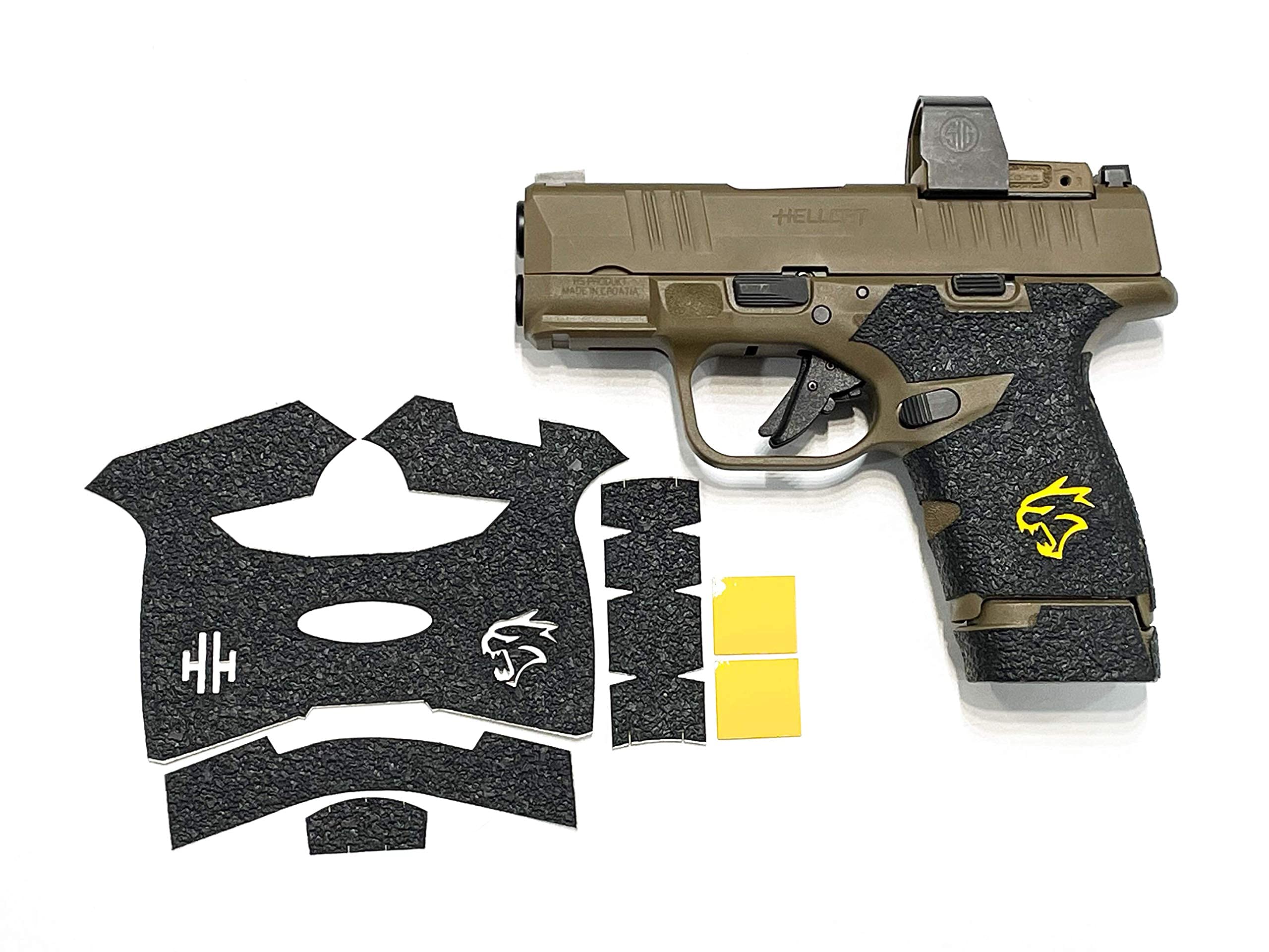 Handleitgrips Textured Rubber Gun Grip for Springfield Hellcat - Enhanced Grip with Yellow Insert & 13rd Magazine Extension for Improved Control and Comfort in Tactical Shooting and Self-Defense Scenarios