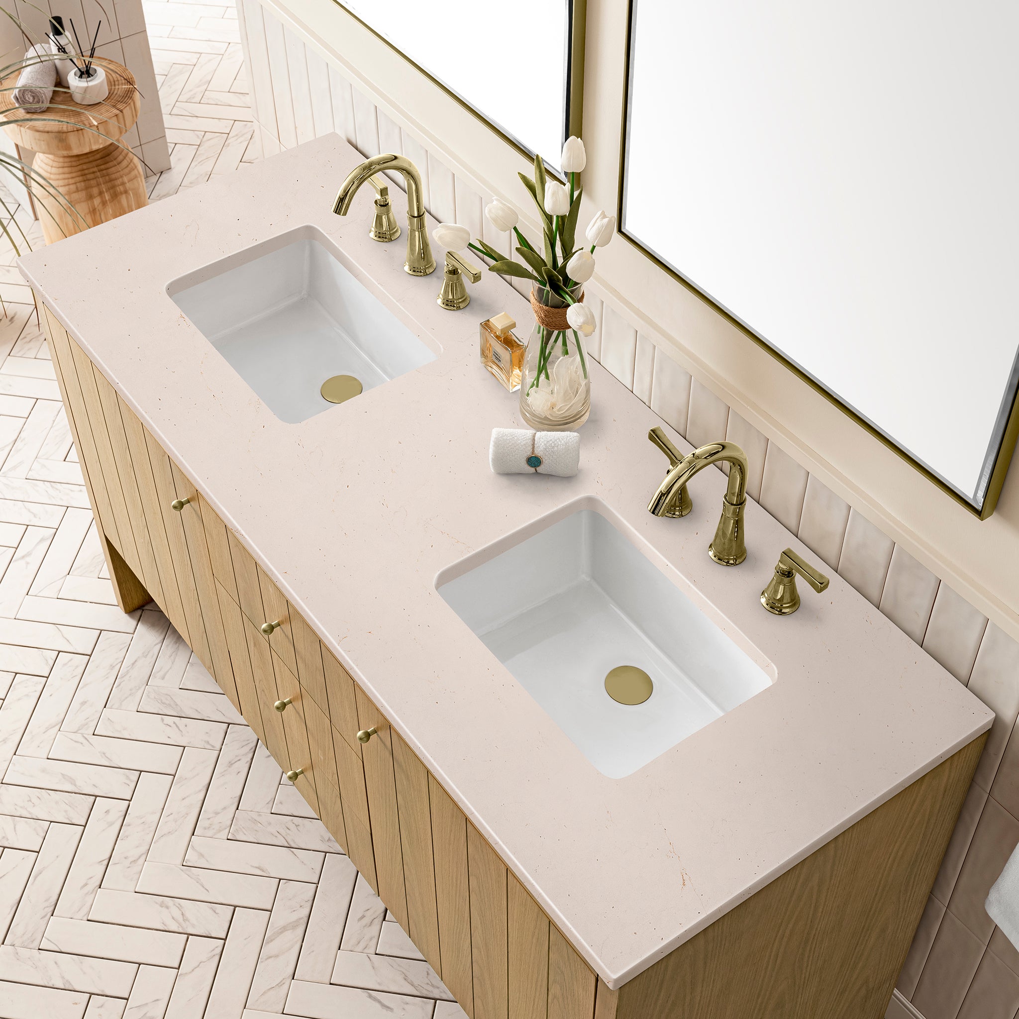 Hudson 60 Inch Double Bathroom Vanity with Light Natural Oak Finish and 3CM Eternal Marfil Stone Top – Perfect for Master Bathroom or Guest Bathroom Renovation