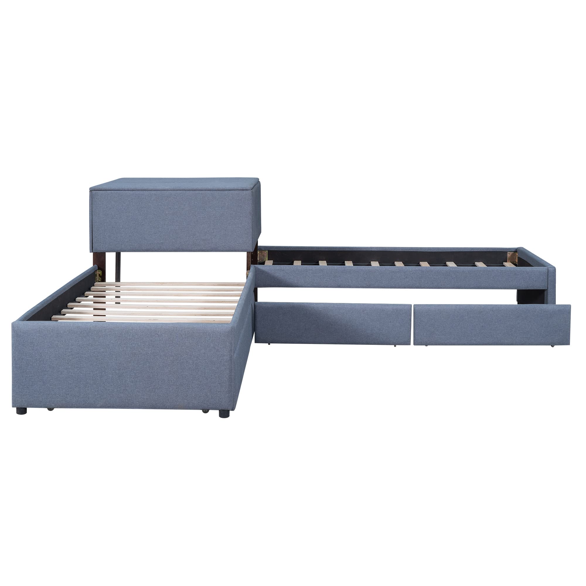 SOFTSEA Twin L-Shaped Platform Bed Frame with Trundle and Storage Drawers, Upholstered Corner Bed with Side Table - Space Saving Bedroom Furniture for Small Rooms, Guest Rooms and Kids' Rooms