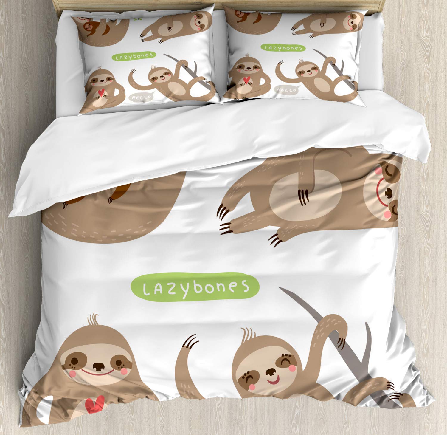 Ambesonne Sloth Duvet Cover Set 3-Piece - Funny Lazy Sloths Hugging Family Design, California King Size Bedding with 2 Pillow Shams in Pale Brown Grey Green - Perfect for Kids' Rooms, Nursery Decor & Cozy Family Bedrooms