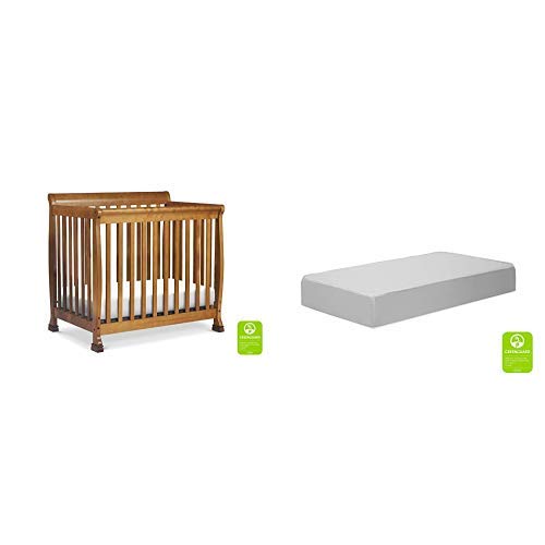 Davini Kalani 4-in-1 Convertible Mini Crib to Twin Bed - Natural Chestnut Finish with Premium Slumber Mini Crib Mattress - Perfect for Nurseries, Small Spaces & Growing Toddlers