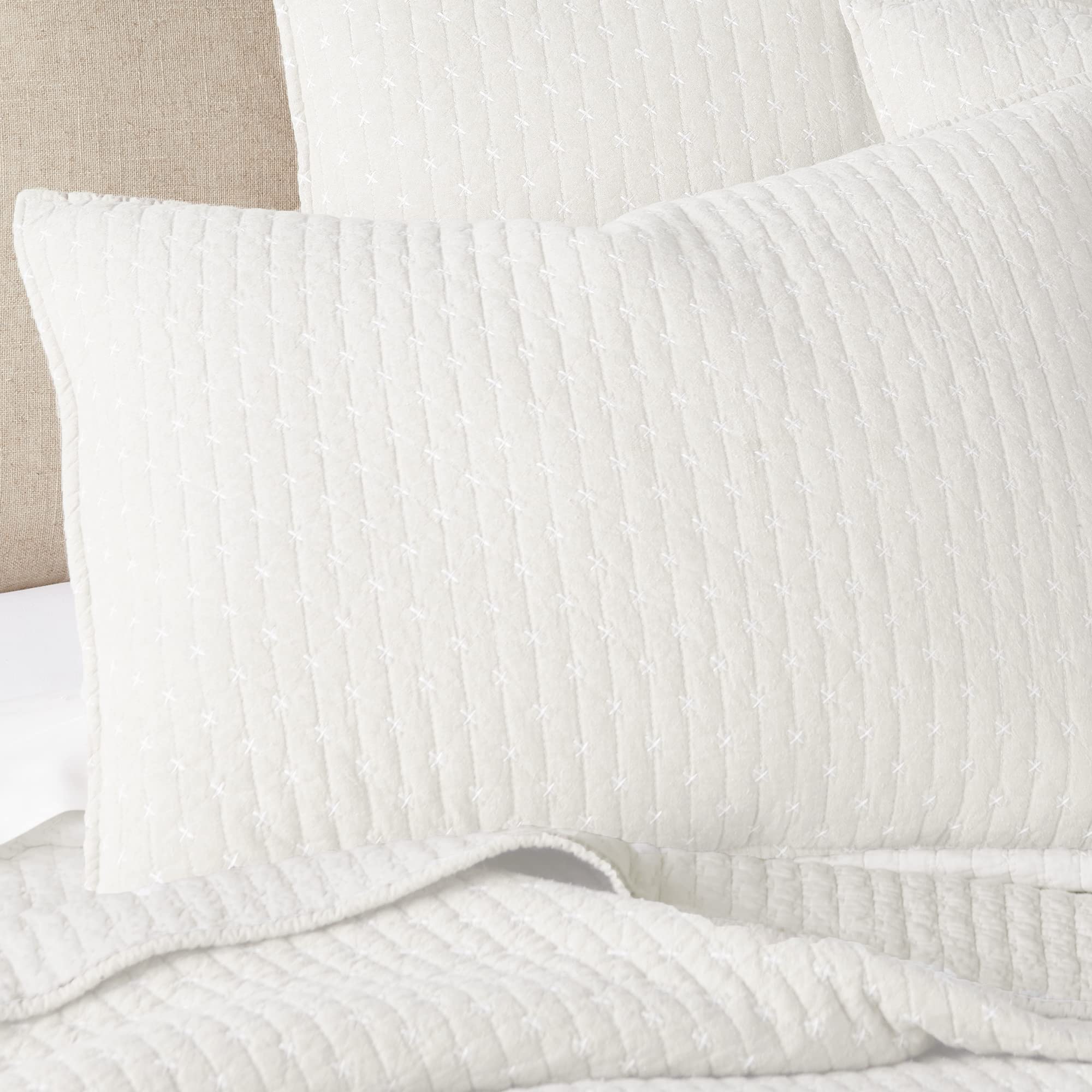 Levtex Home 100% Cotton King Size Cross Stitch Quilt Set - Cream (106x92in Quilt + 2x36x20in Shams) - Luxury Bedding for Master Bedroom & Guest Room