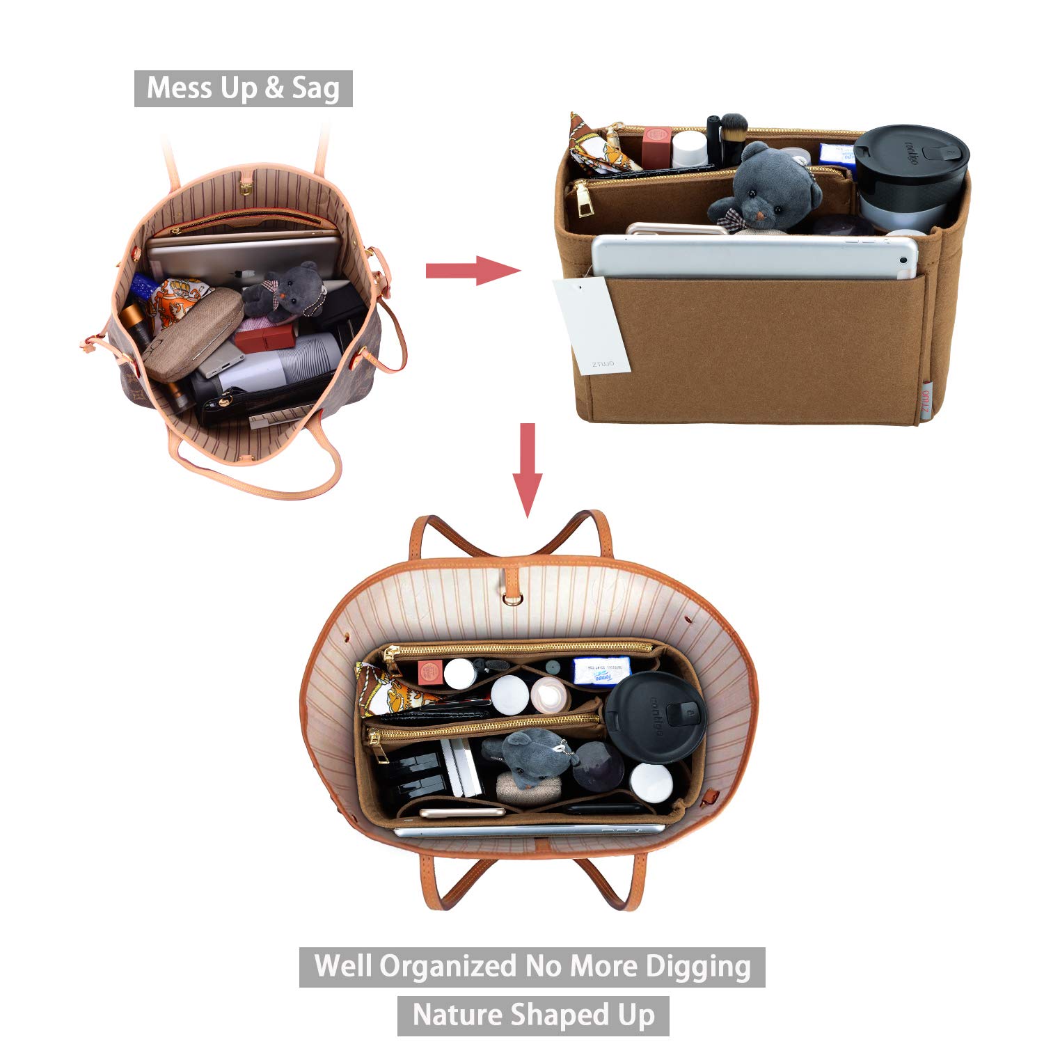 ZTUJO Felt Purse Organizer Insert for Louis Vuitton Speedy, Neverfull, Graceful & Tote Bags | Handbag Shaper & Storage Solution | Perfect for Travel, Work & Daily Use
