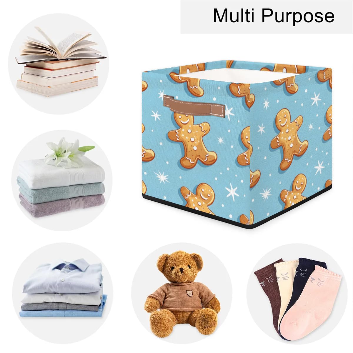 Collapsible Fabric Cube Storage Bins with Handles - Holiday Gingerbread Man Design Organizer Baskets for Shelves, Toys, Towels & Closet Organization | Perfect for Home, Office & Kids Room Storage Solutions