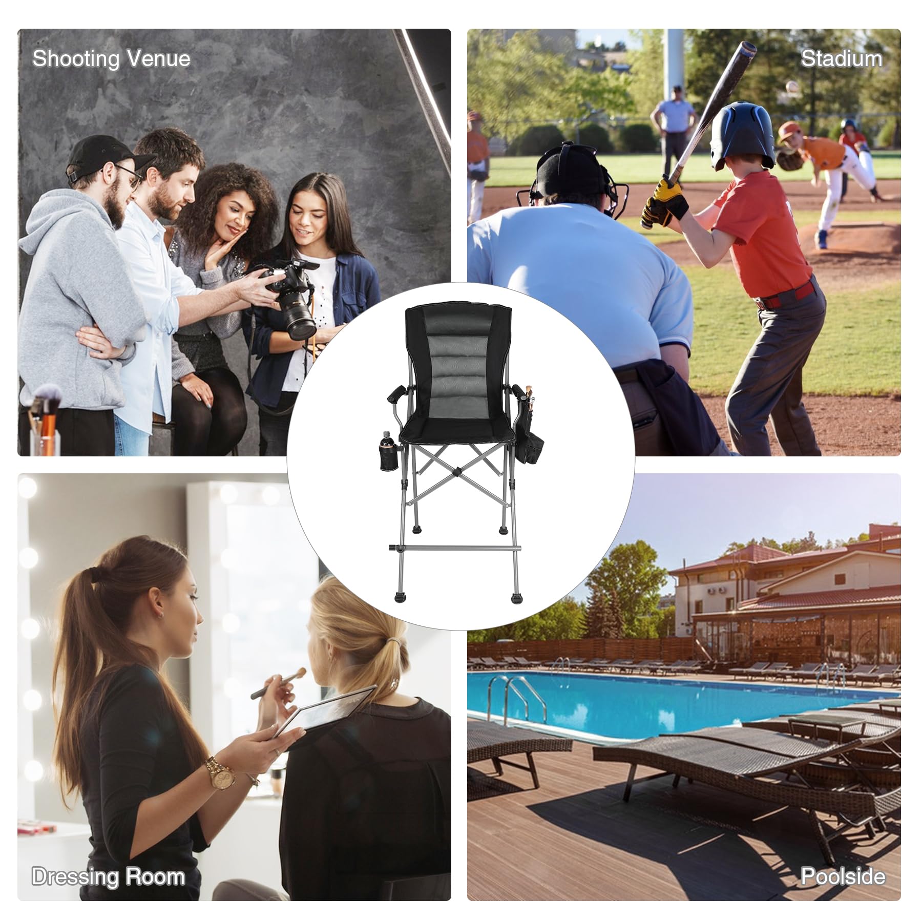 Extra Tall Folding Chairs for Adults 330lbs - Heavy Duty Portable Bar Height Director Chairs with High Back & Footrest - Comfortable Foldable Camping Chairs with Makeup Pocket - Perfect for Outdoor Events, BBQs, Beach, and Patio Use (Black)