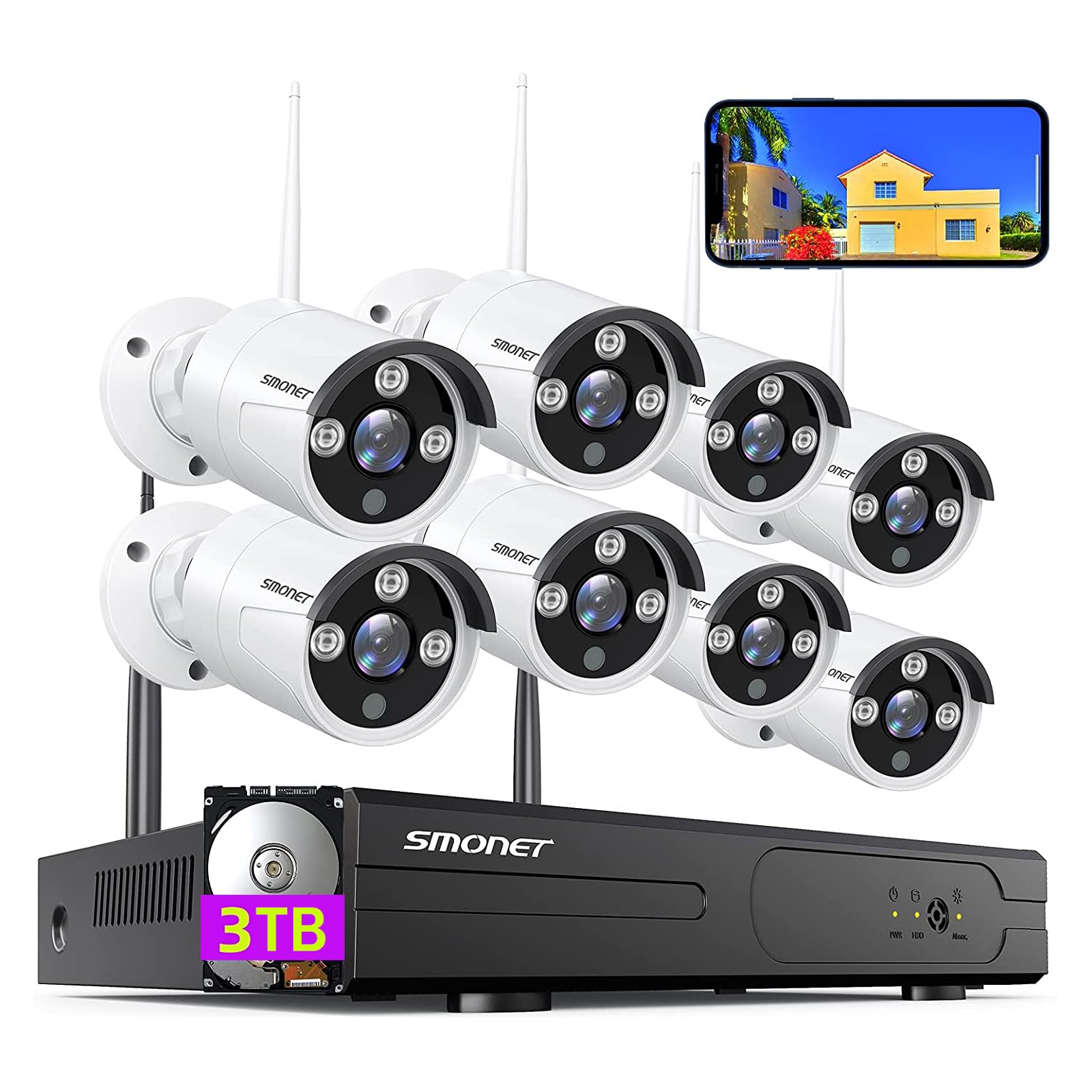 SMONET 8 Channel 1080P Wireless Security Camera System with 8x 2MP HD Cameras, 3TB HDD, Night Vision & Motion Detection - Indoor/Outdoor Home Surveillance DVR Kit for 24/7 Recording (Ideal for House Monitoring, Business Security & Property Protection)