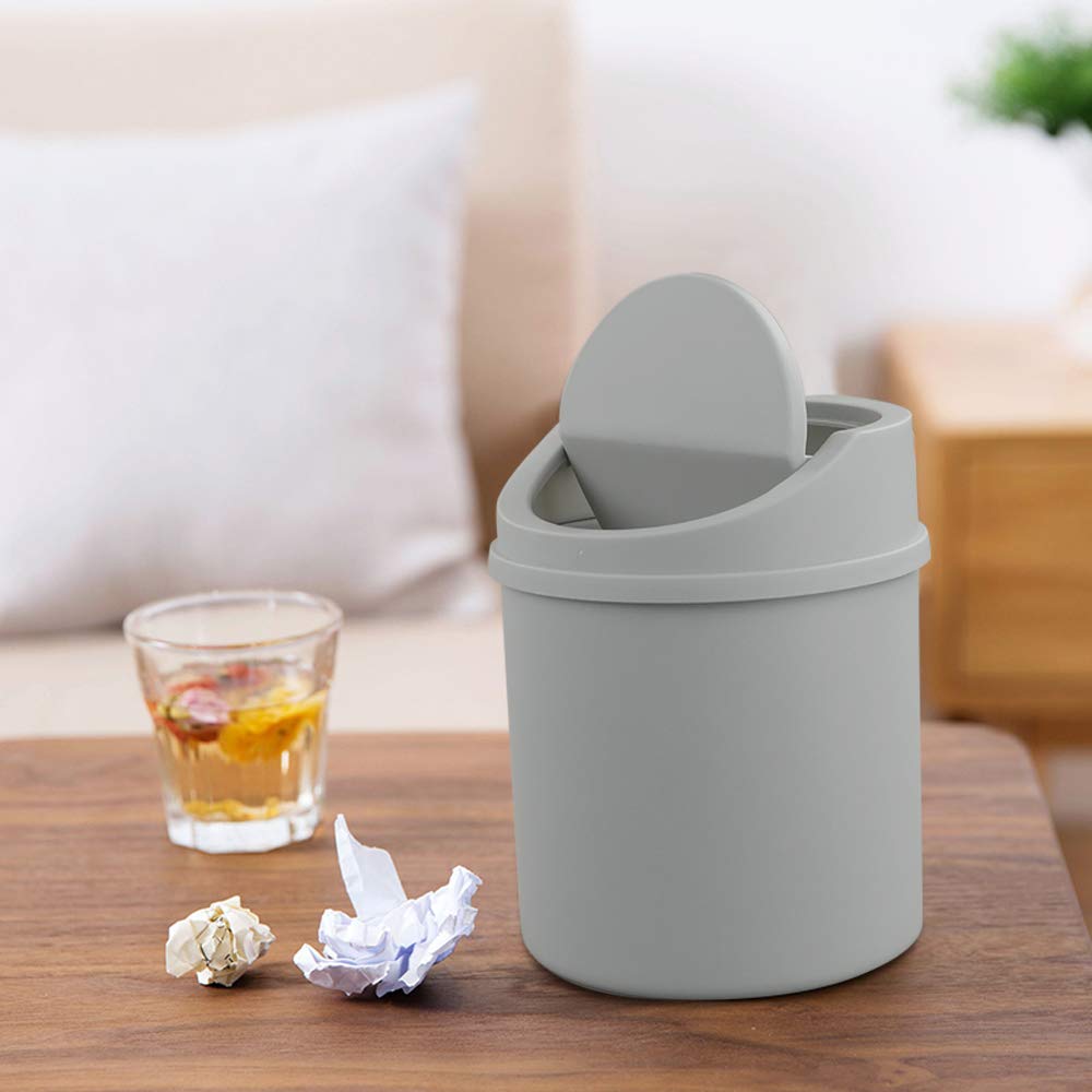 Small Plastic Desktop Trash Can with Swing Lid - Grey | Compact Office Waste Bin for Desk, Home, Dorm & Workspace | Perfect for Paper Clips, Tissues & Snack Wrappers