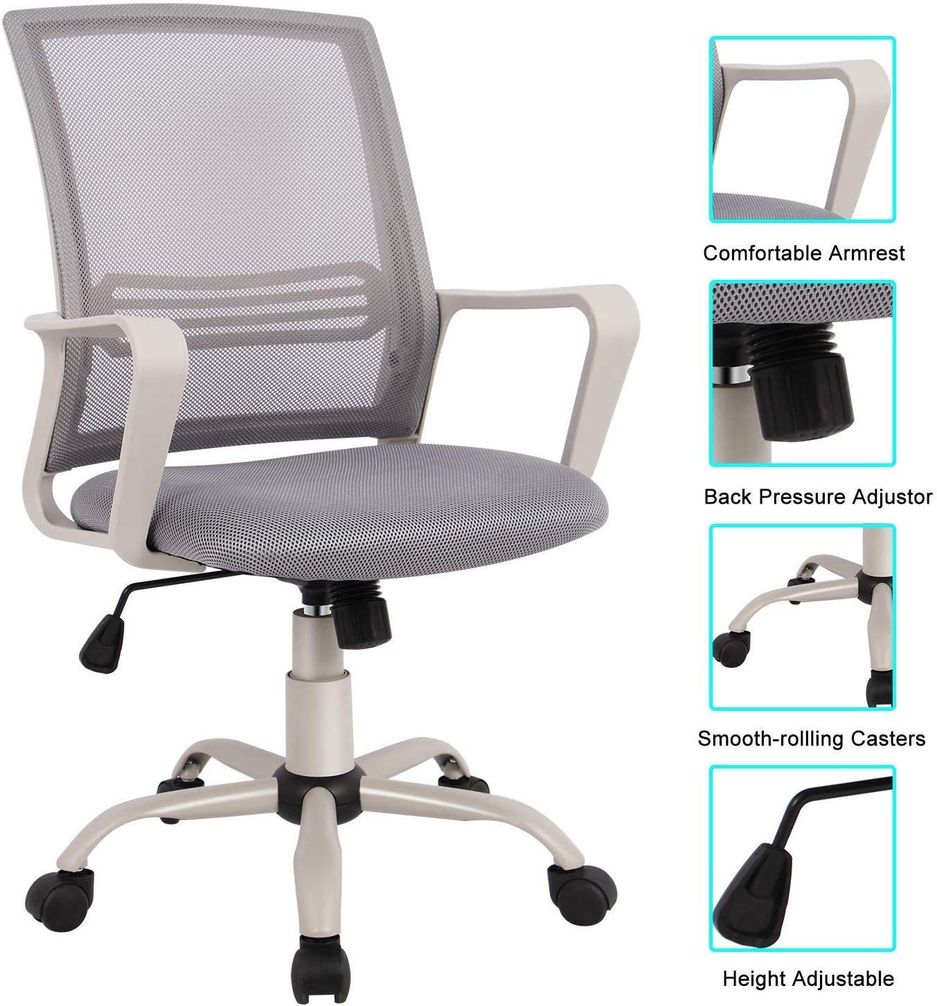Ergonomic Mesh Office Chair with Lumbar Support & Adjustable Armrests - Mid Back Computer Desk Chair, Swivel Rolling Task Chair for Home Office, Gaming, and Living Room Workspace
