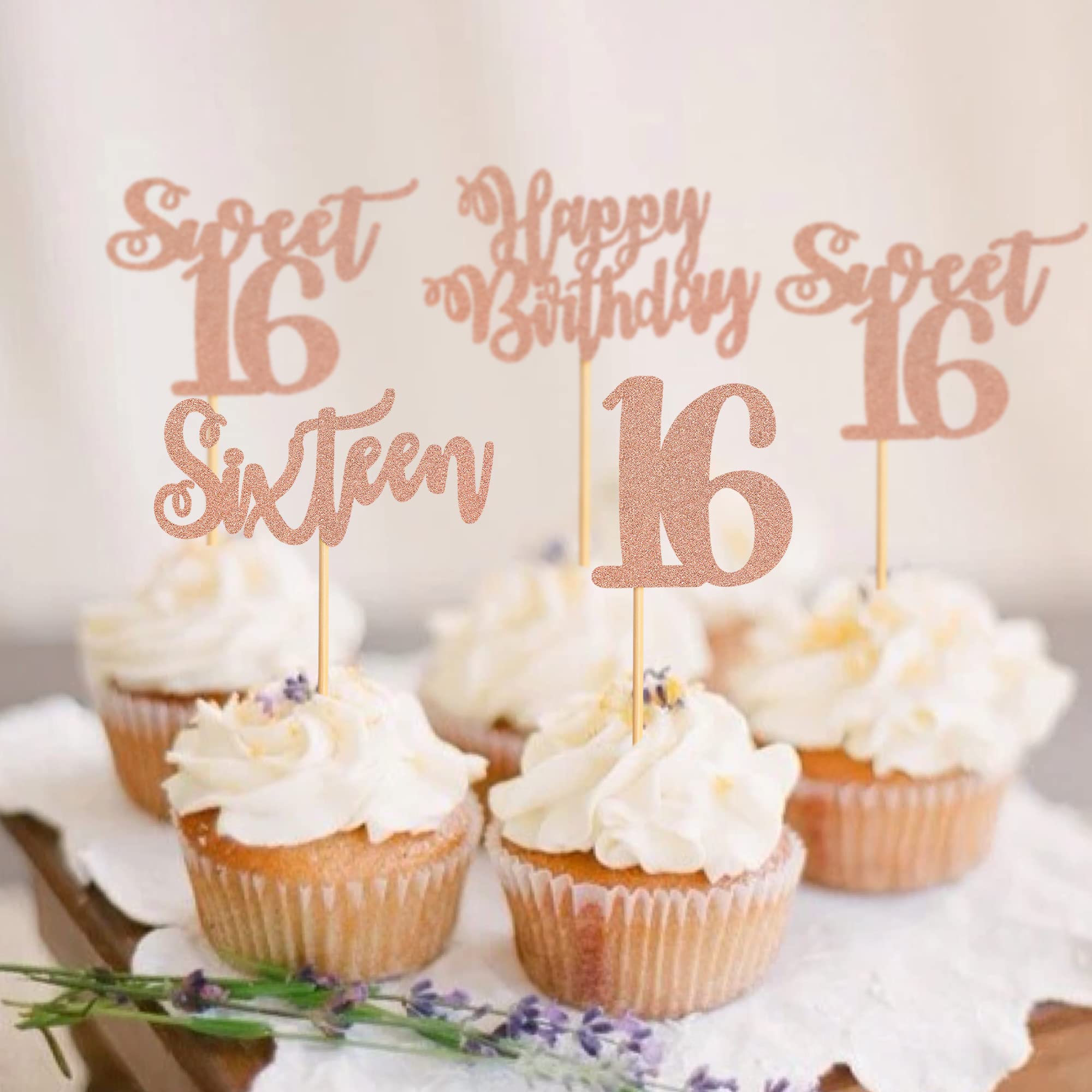 Blumomon Rose Gold Glitter 16th Birthday Cupcake Toppers - Set of 24 Happy Sweet Sixteen Cake Decorations for 16th Birthday Party Supplies | Perfect for Teen Girl Celebrations, Sweet 16 Theme Parties & Milestone Birthday Cakes
