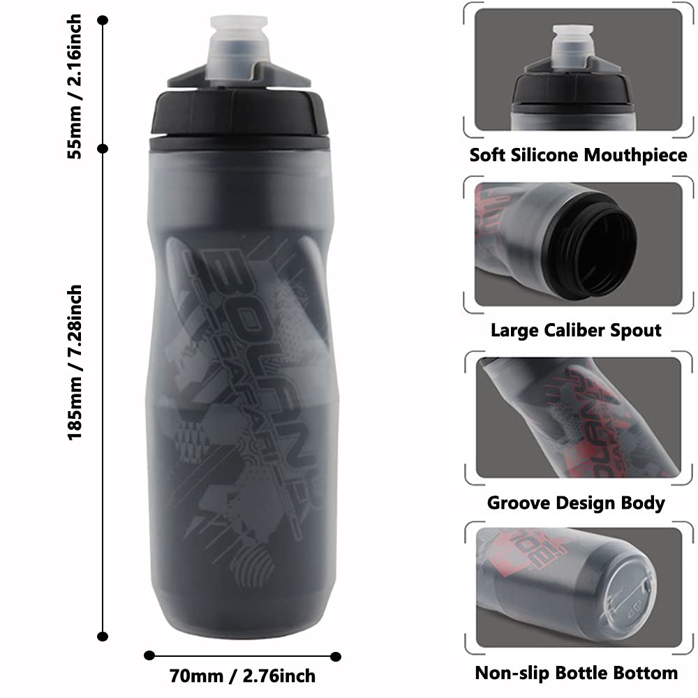 Lightweight 600ml/20oz BPA Free Bike Water Bottle - Leak Proof Squeeze Design for Cycling, Outdoor Sports & Fitness (Black-Gray) | Perfect for Road Bikes, Mountain Biking & Gym Workouts