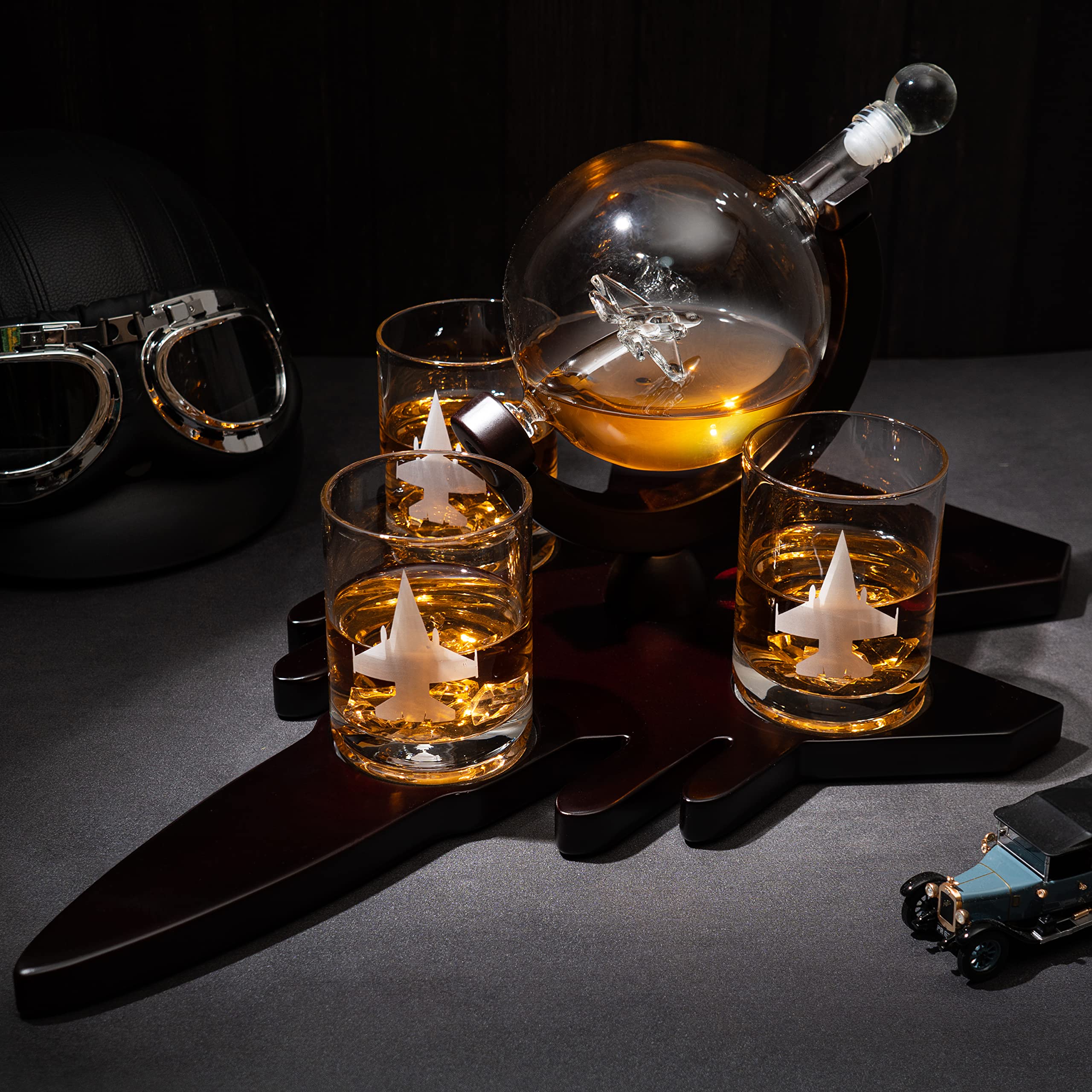Fighter Jet Wine & Whiskey Decanter Set - F16, F15, F18, F22 with 3 Glasses | Bourbon, Scotch & Vodka Decanter | Perfect Pilot, Aviation & Military Veteran Gifts | Airplane Figurine for Home Bar & Cocktail Party Decor