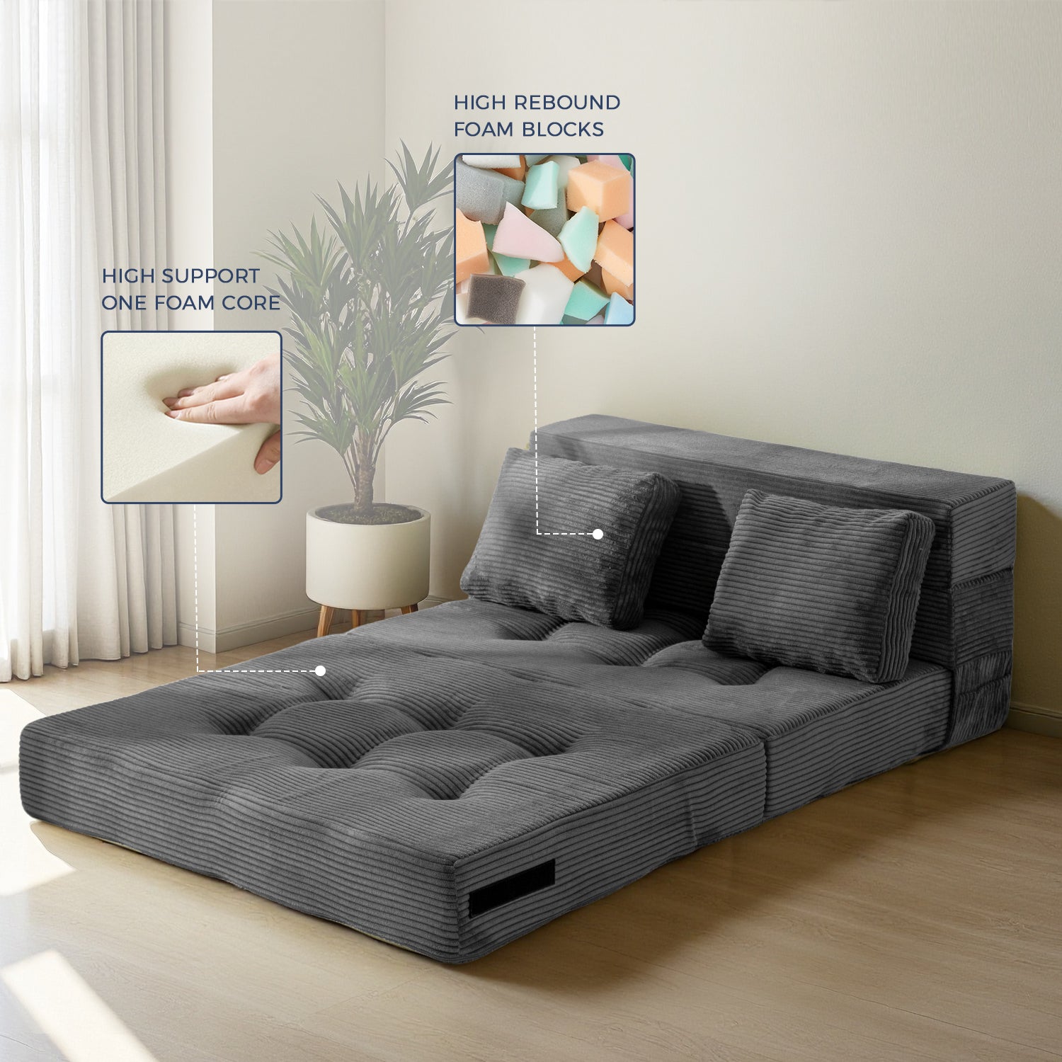 MAXYOYO 4-in-1 Convertible Sofa Bed Chair - Foldable Floor Couch for Small Spaces, Dark Grey - Perfect for Studio Apartments, Guest Rooms & Dorm Living
