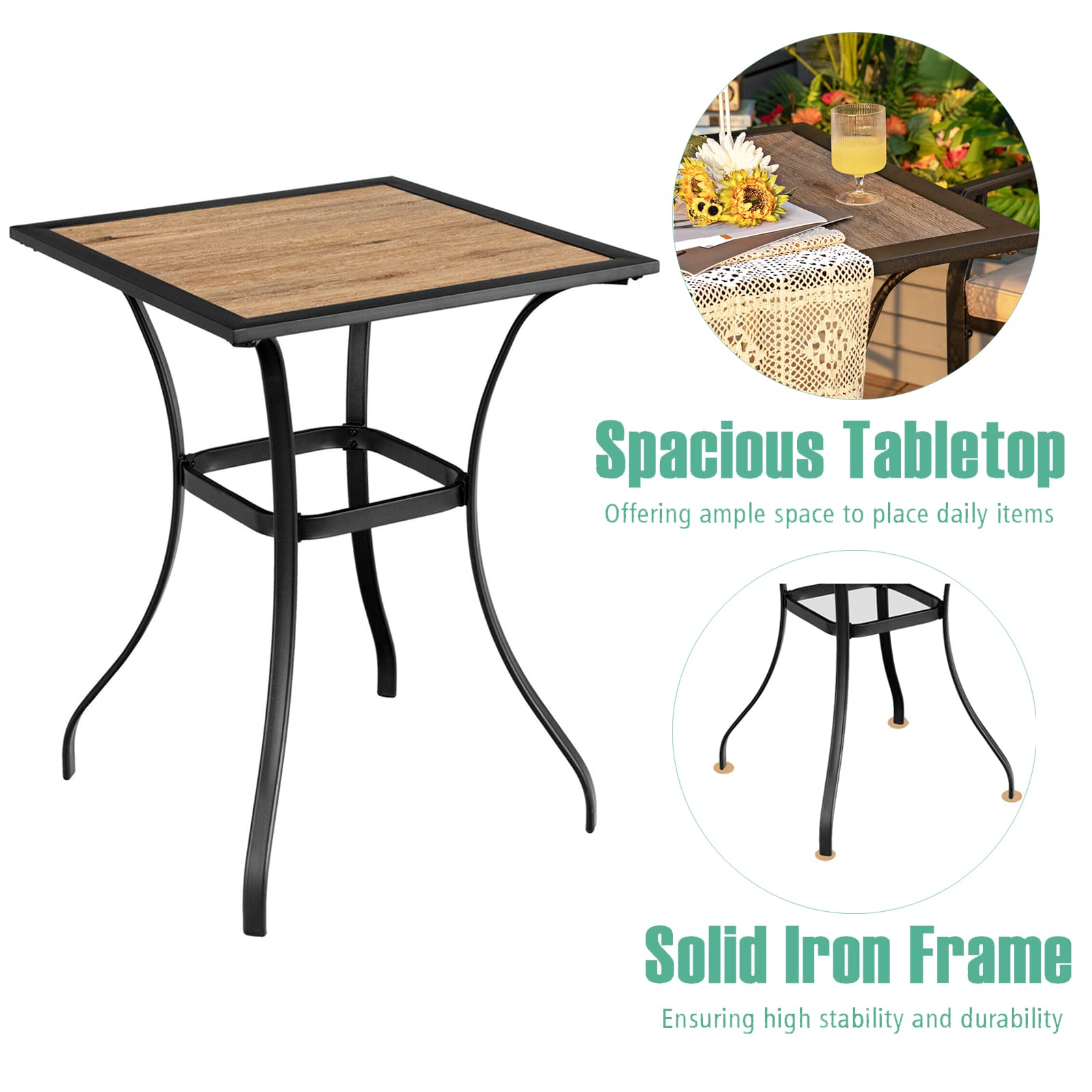 Outdoor Square Bar Table 28x28 Inch - Metal Frame with Wooden-Like Top, Patio Bistro Table for Porch, Garden, Backyard & Poolside - Perfect for Outdoor Dining, Entertaining & Relaxing