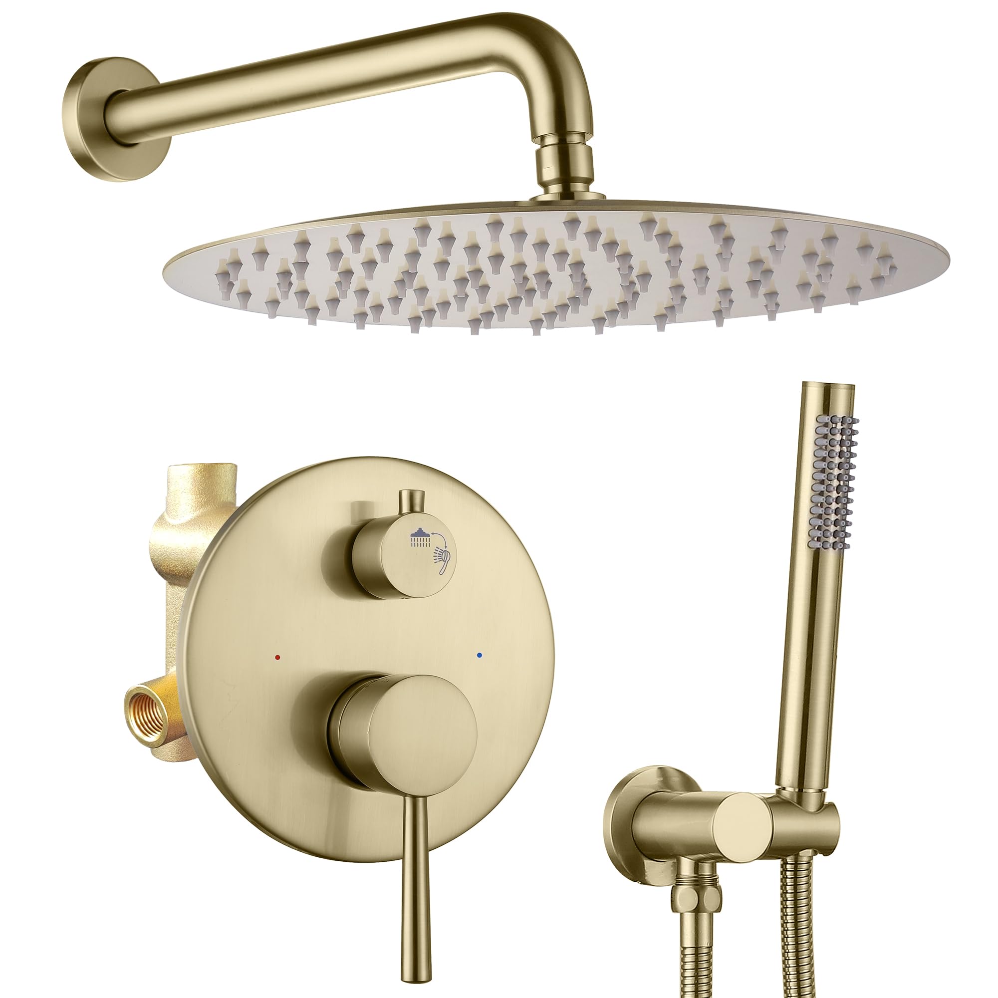 10 Inch Brushed Gold Wall Mount Shower Faucet Set - High Pressure Rainfall Shower Head with Handheld Spray - Brass Bathroom Shower System for Luxury Spa Experience