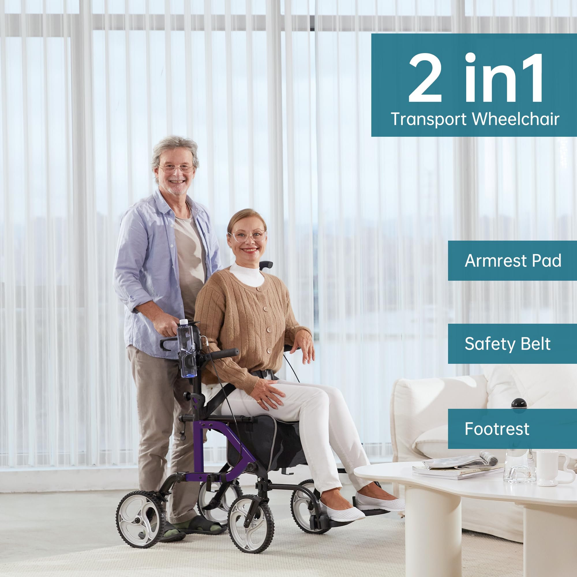 ELENKER 2 in 1 Rollator Walker & Transport Chair - Folding Wheelchair with 10