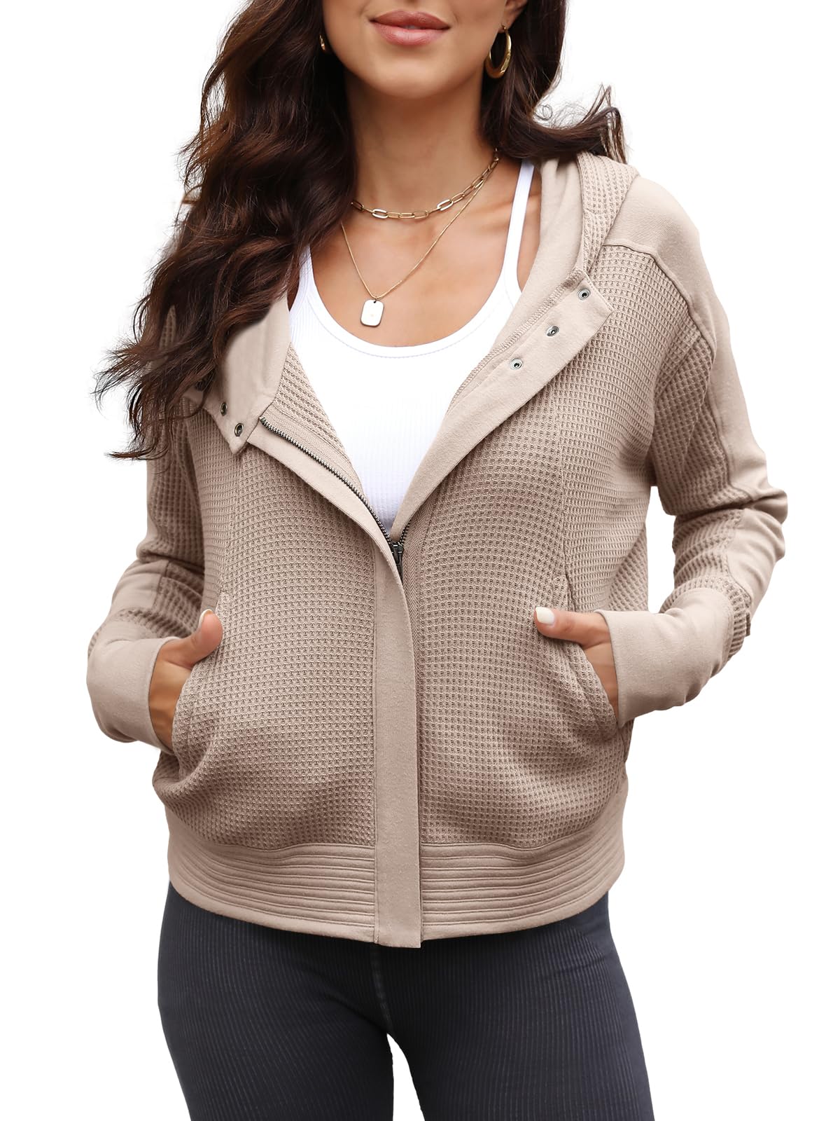 Yanekop Women's Waffle Knit Zip Up Cropped Hoodie Jacket - Long Sleeve Casual Winter Pullover for Fall Outfits | Perfect for Coffee Dates, Weekend Errands & Cozy Layering