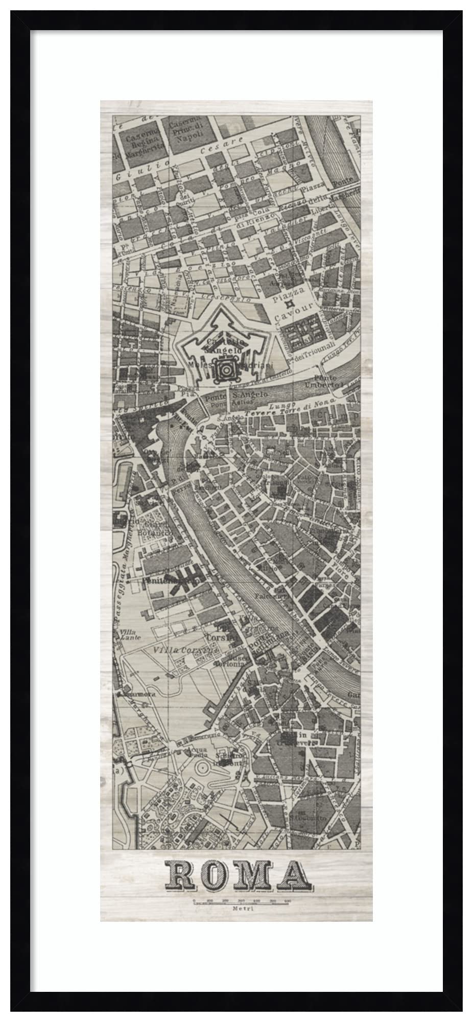 Amanti Art Wood Framed Wall Art Print - Roma Map Panel in Wood by Wild Apple Portfolio (19x41 Inches) with Svelte Noir Black Frame - Large Size Vintage Map Decor for Living Room, Office & Study
