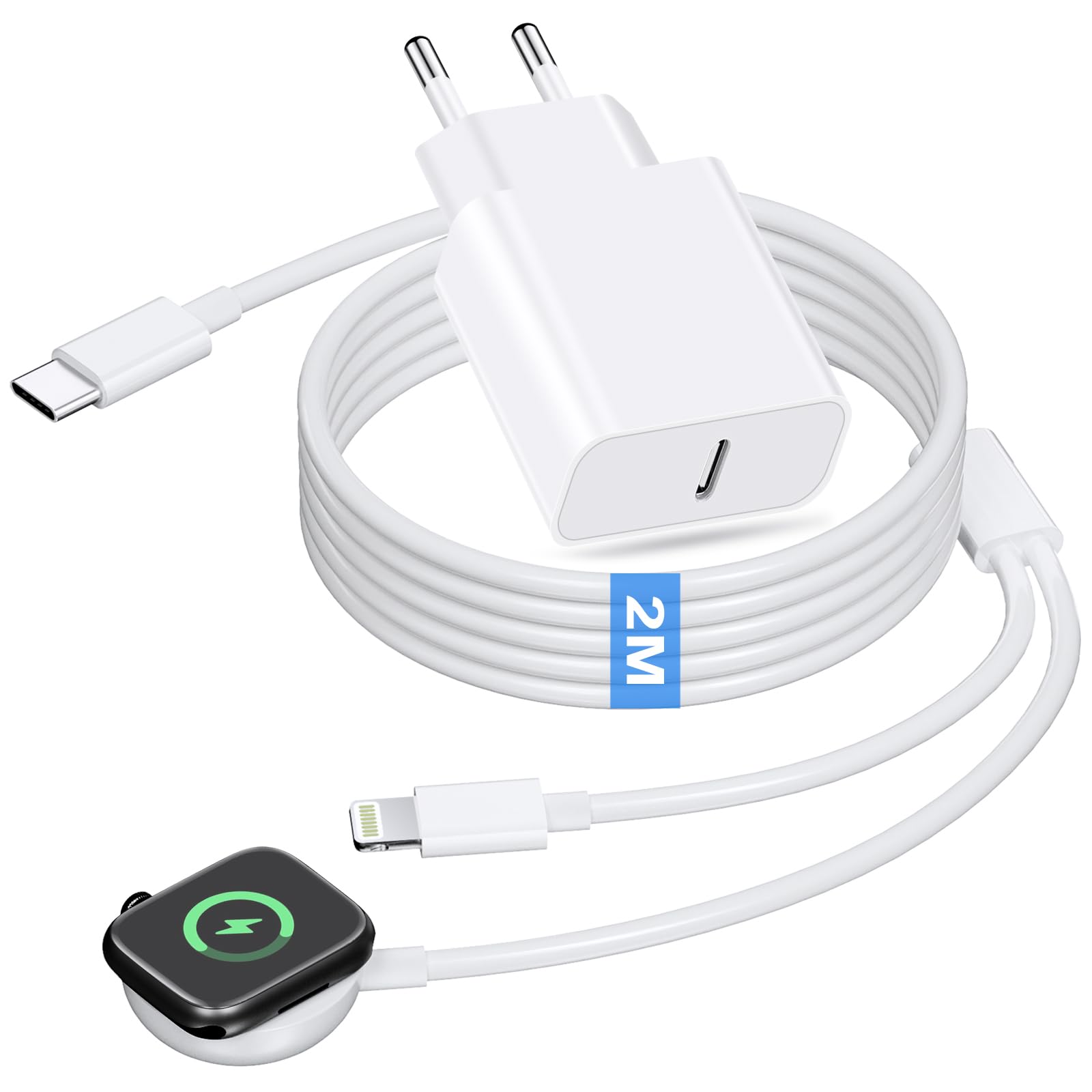 2-in-1 Fast Charger for Apple Watch & iPhone - 20W USB-C Charger with 2M Cable - Compatible with Apple Watch Series 9/8/7/6/5/4/3/SE/Ultra & iPhone 14/13/12/11 Pro Max - Perfect for Travel, Office & Nightstand Charging