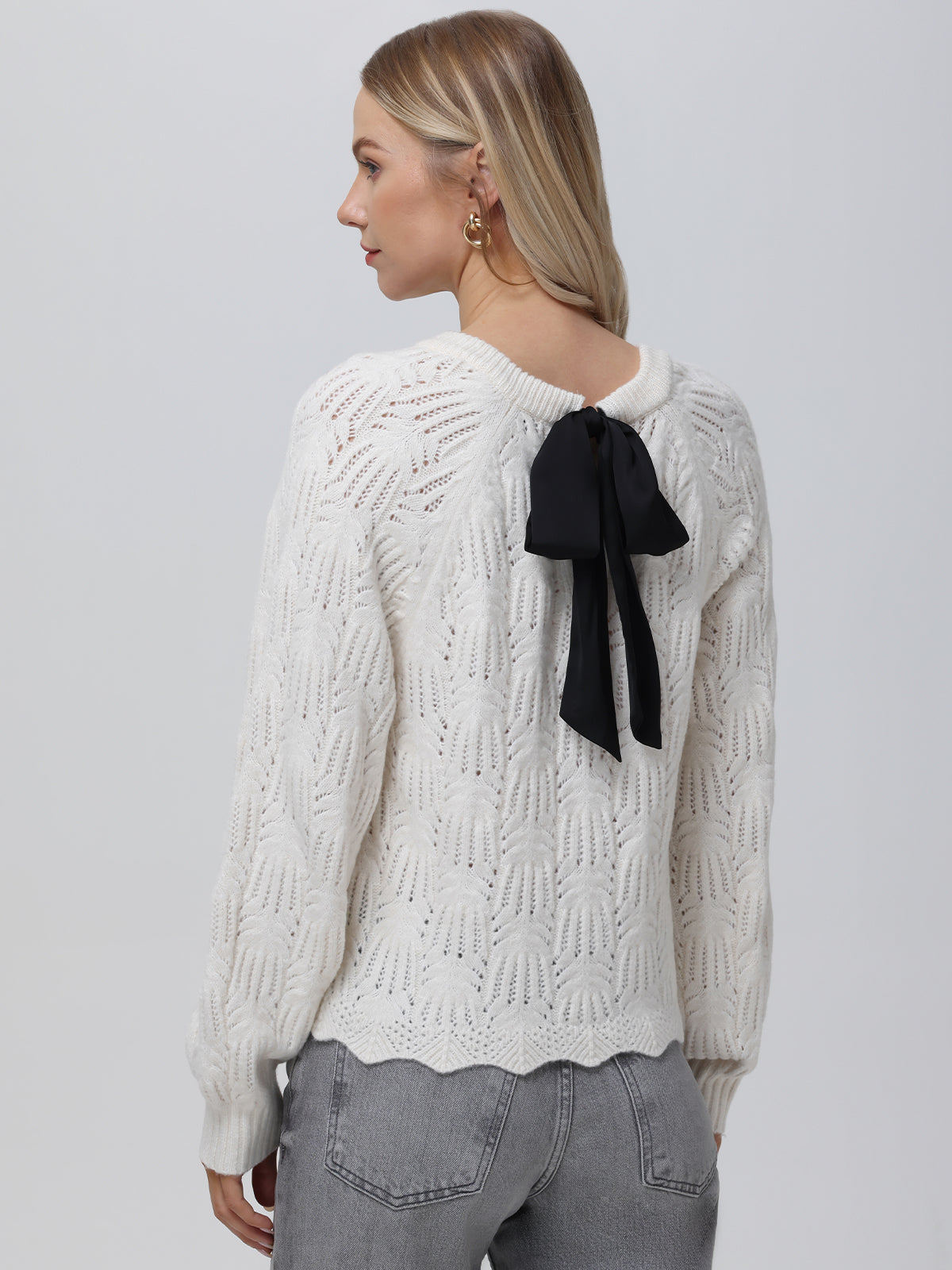 Athena Pointelle Bow Back Sweater for Women - Elegant Lace Knit Pullover with Bow Detail - Perfect for Office Wear, Date Nights & Fall Layering