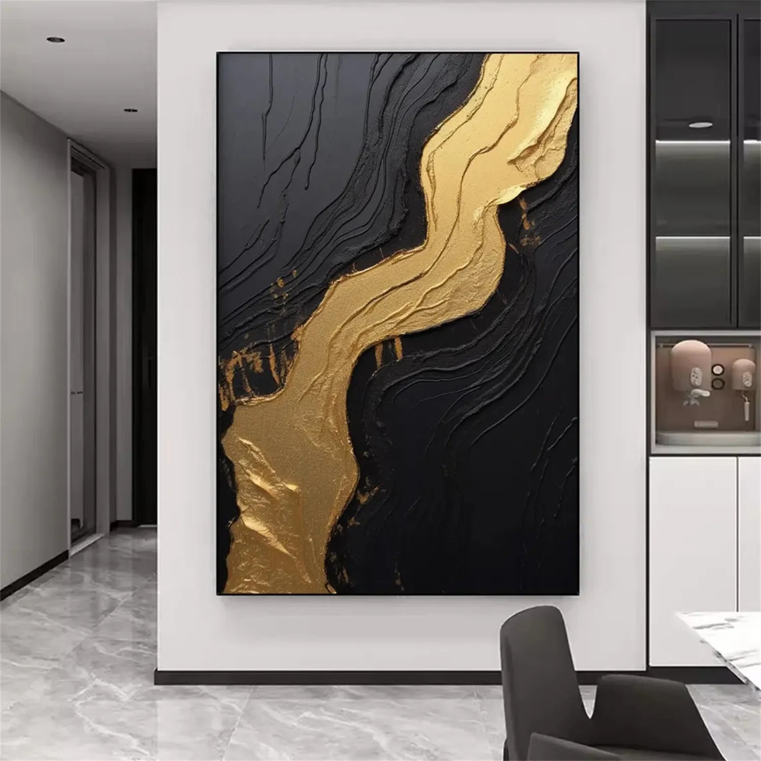 Black Gold Minimalist Textured Wall Art Painting #MZ130 - Modern Home Decor for Living Room, Bedroom & Office