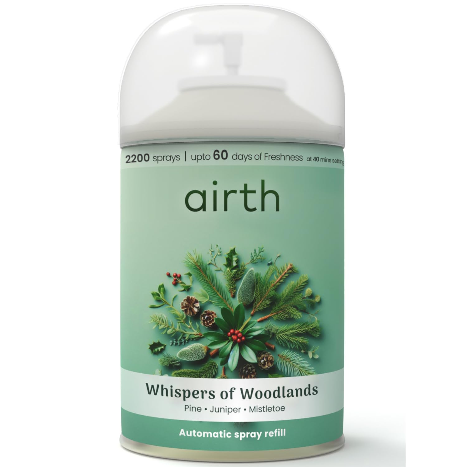 Airth Whispers of Woodlands Automatic Spray Refill - Pine, Juniper & Mistletoe Scented Air Freshener (225ml, 2200 Sprays, Lasts 60 Days) for Home, Office & Car Freshening