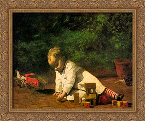 Thomas Eakins Baby At Play 24x20 Gold Ornate Wood Framed Canvas Art - Perfect for Nursery, Kids Room Decor & Baby Shower Gifts