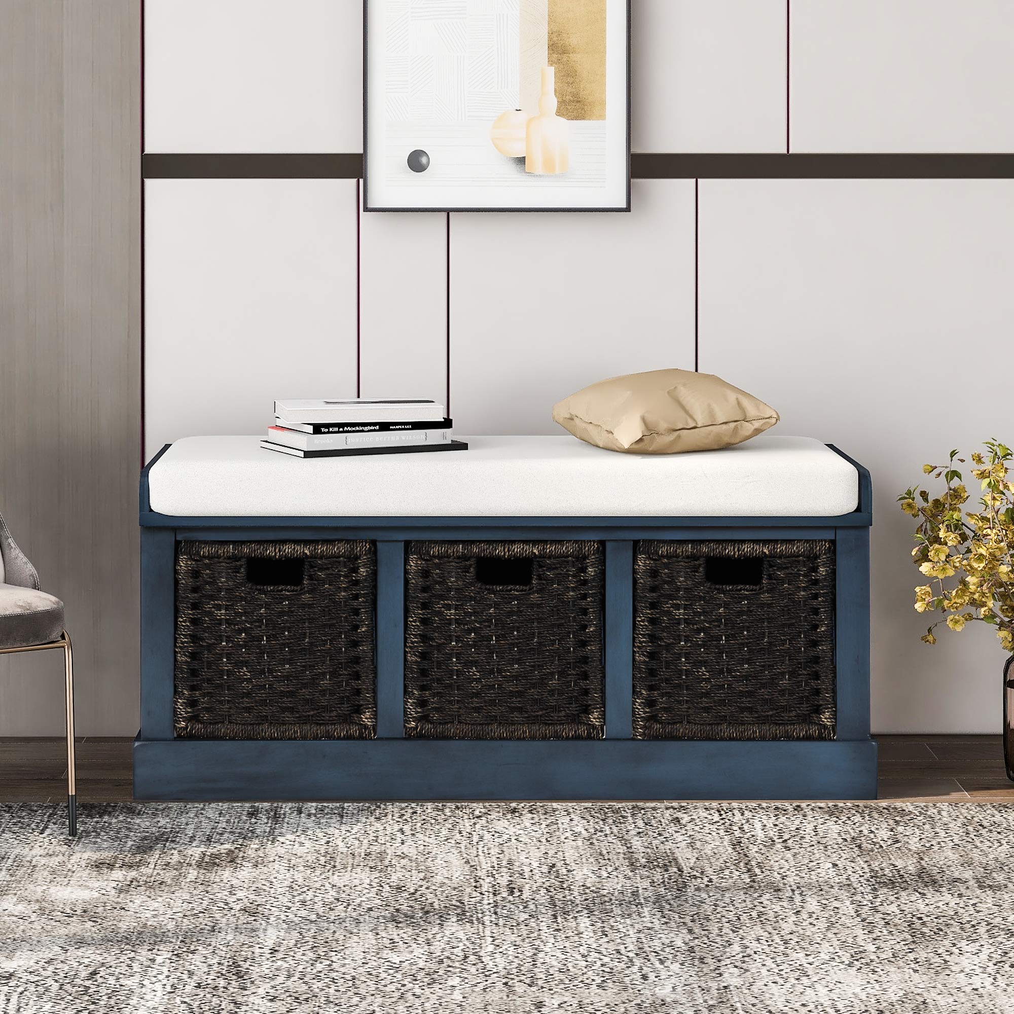 Rustic Acacia Wood Storage Bench with 3 Removable Rattan Baskets & Cushion - Entryway, Living Room, Bedroom Furniture - Classic Antique Navy Design for Home Organization & Decor