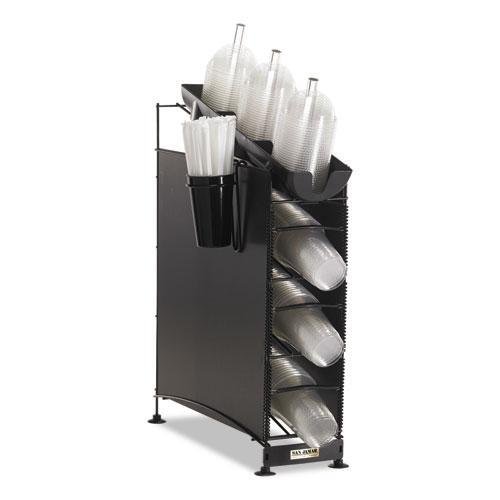 San Jamar C8504WFD 3-Tier Metal Wireworks Cup Dispenser & Lid Organizer - Holds 270 Cups, Black - Perfect for Restaurants, Cafes & Event Catering