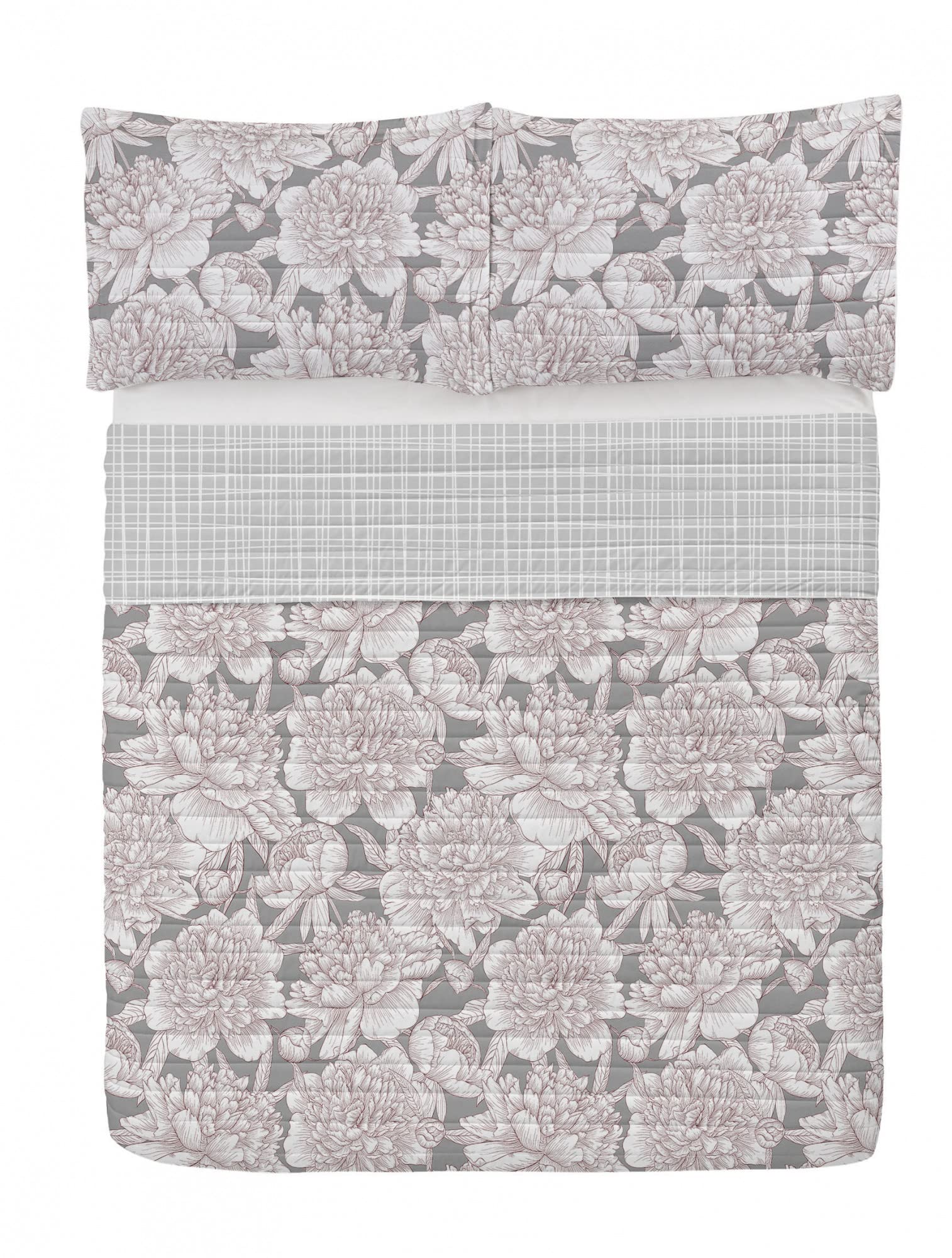 Ambesonne Floral Reversible King Size Bedspread Set with Pillow Shams - Hand Drawn Rose, Chamomile & Peonies Design on Taupe Grey Microfiber - Perfect for Master Bedroom, Guest Room & Bohemian Home Decor
