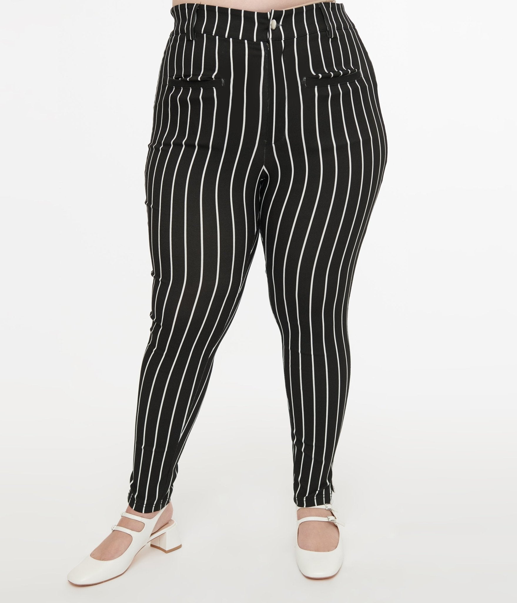 Unique Vintage Plus Size The Nightmare Before Christmas Jack Skellington Stretch Pants - Black & White Striped Halloween Costume Pajama Bottoms for Women | Movie Night, Cosplay, Holiday Party Outfit