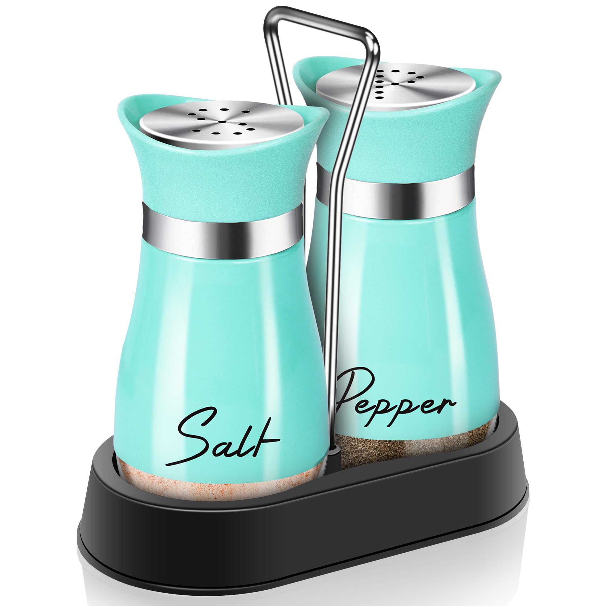 Turquoise Salt and Pepper Shakers Set with Holder - 4 oz Farmhouse Kitchen Decor, Refillable Tabletop Accessories - Perfect for Housewarming Gifts, Christmas Decor & Rustic Dining Table Setting (Teal)