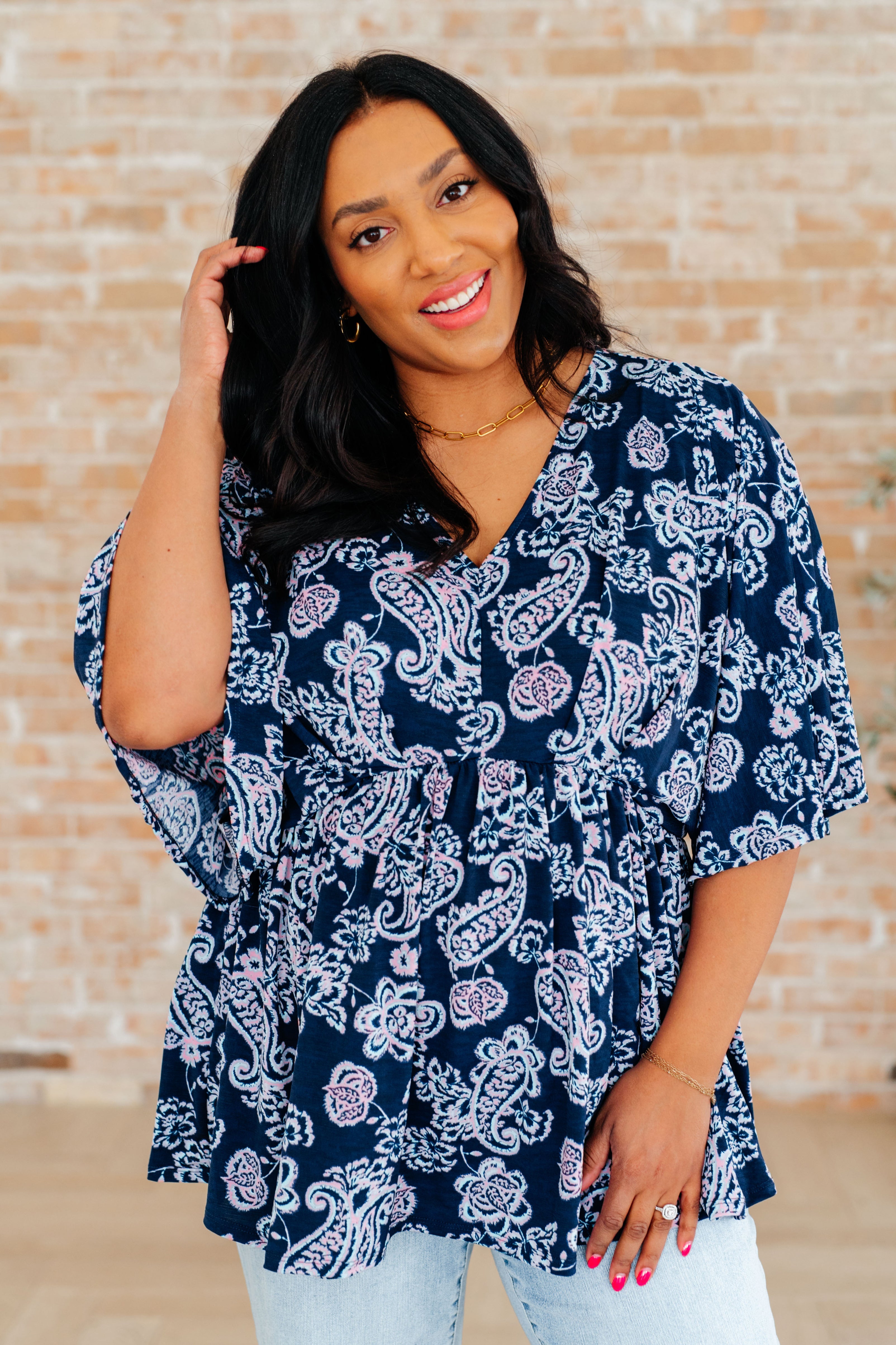 Dear Scarlett Navy and Pink Paisley Dreamer Peplum Top - Women's Floral Print Blouse for Casual Wear, Date Night & Office Outfits