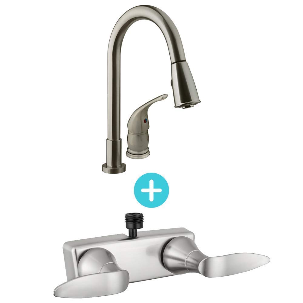 Dura Faucet RV Pull-Down Kitchen Faucet with Shower Faucet Valve Diverter Set in Brushed Satin Nickel - Perfect for RV, Camper, and Tiny Home Upgrades