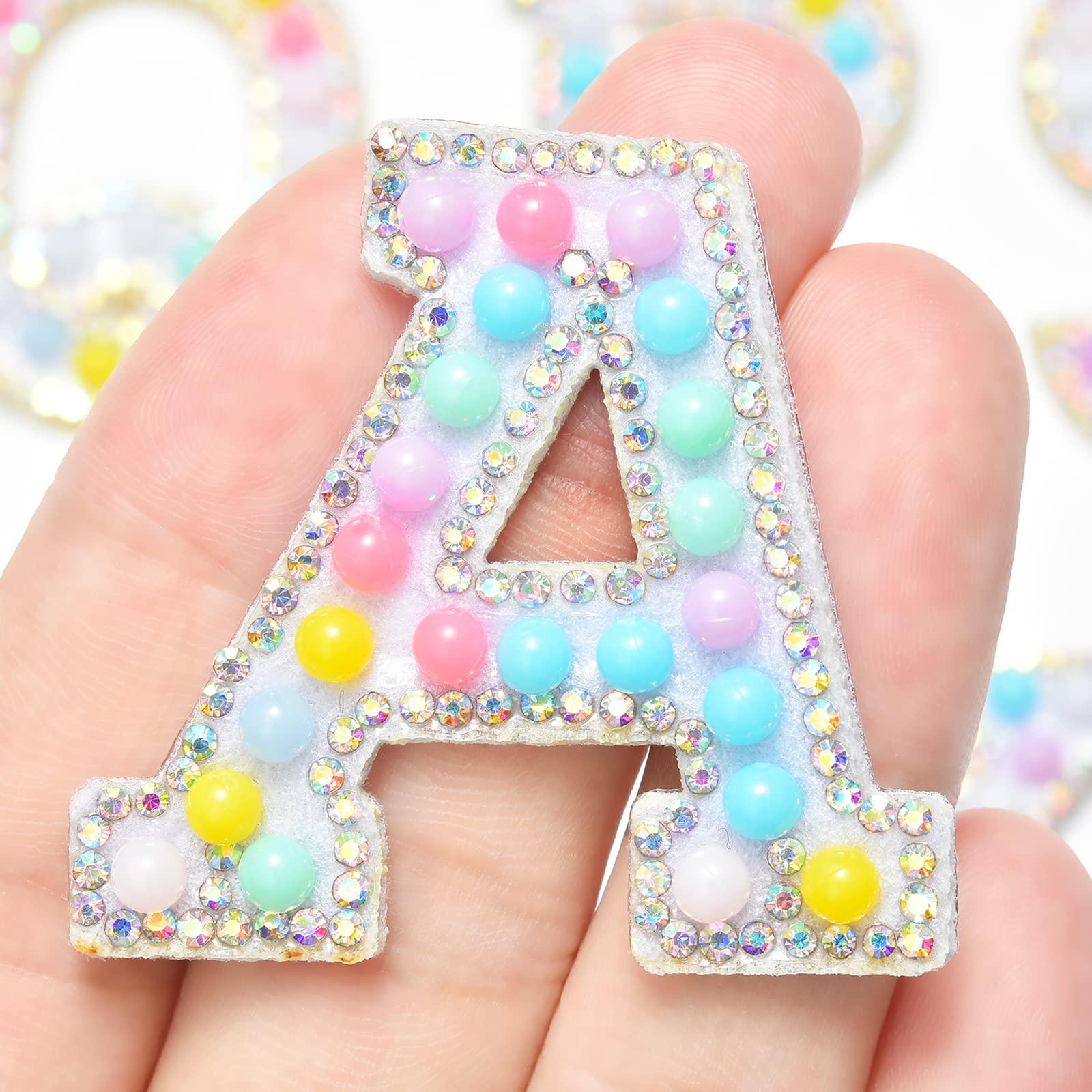 Jongdari Iron-On Letters - 26pcs A-Z Glitter Pearl Rhinestone Alphabet Patches for DIY Clothes, Bags & Hats (Macaron Color) - Perfect for Customizing Denim Jackets, Backpacks & School Uniforms