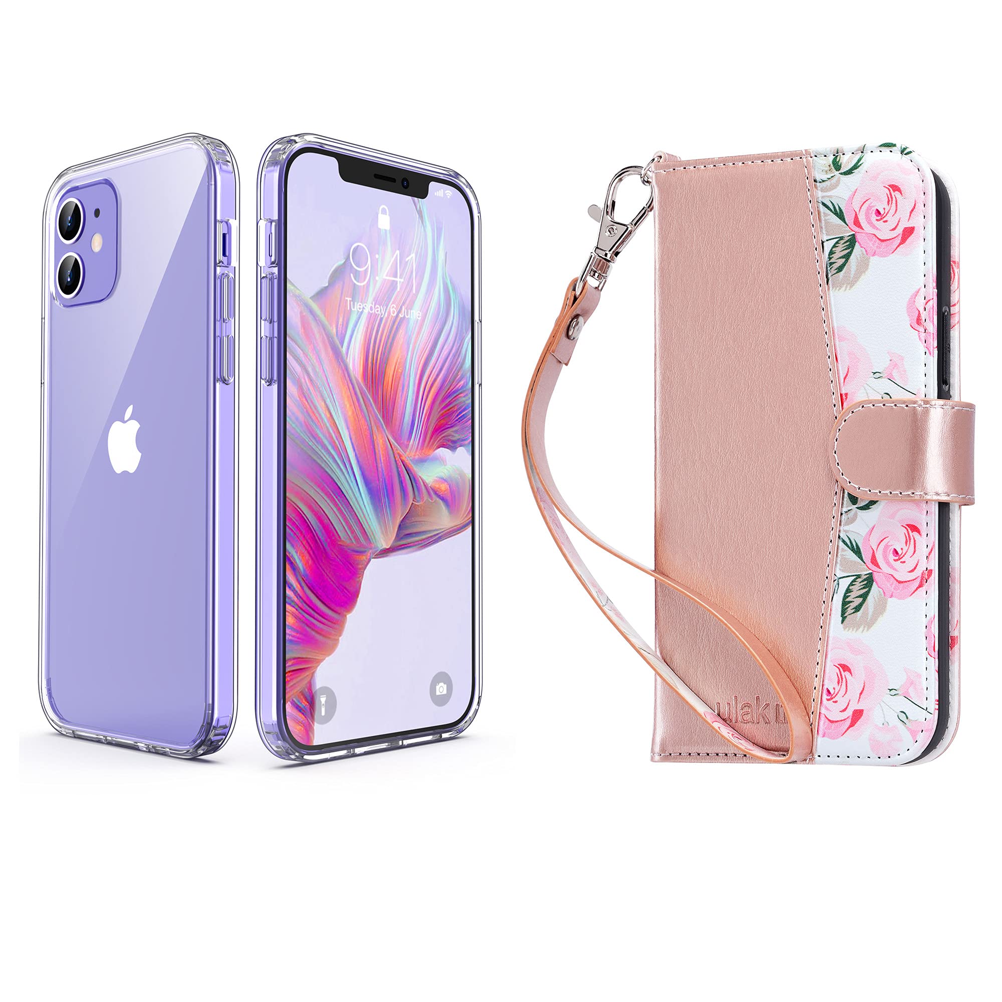 Premium ULAK iPhone 12 Wallet Case & iPhone 12 Pro Flip Cover - Slim Transparent Protective Case with Card Holder for iPhone 12/12 Pro (6.1