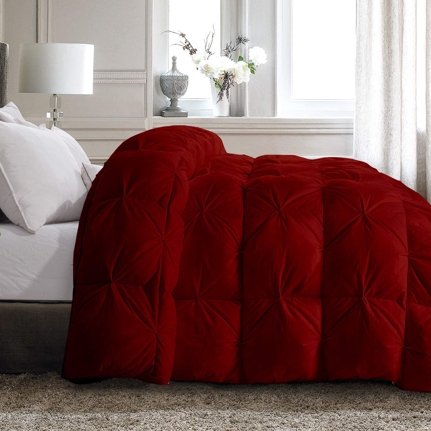 Luxury Burgundy Pinch Pleat Goose Down Comforter Set - King/Cal-King Size 100% Egyptian Cotton Duvet Insert, 500 GSM High Fill Power with Corner Tabs & Baffle Box Design - Includes 2 Pillow Cases (3pc) - Perfect for Master Bedroom, Hotel Style Bedding & Winter Warmth