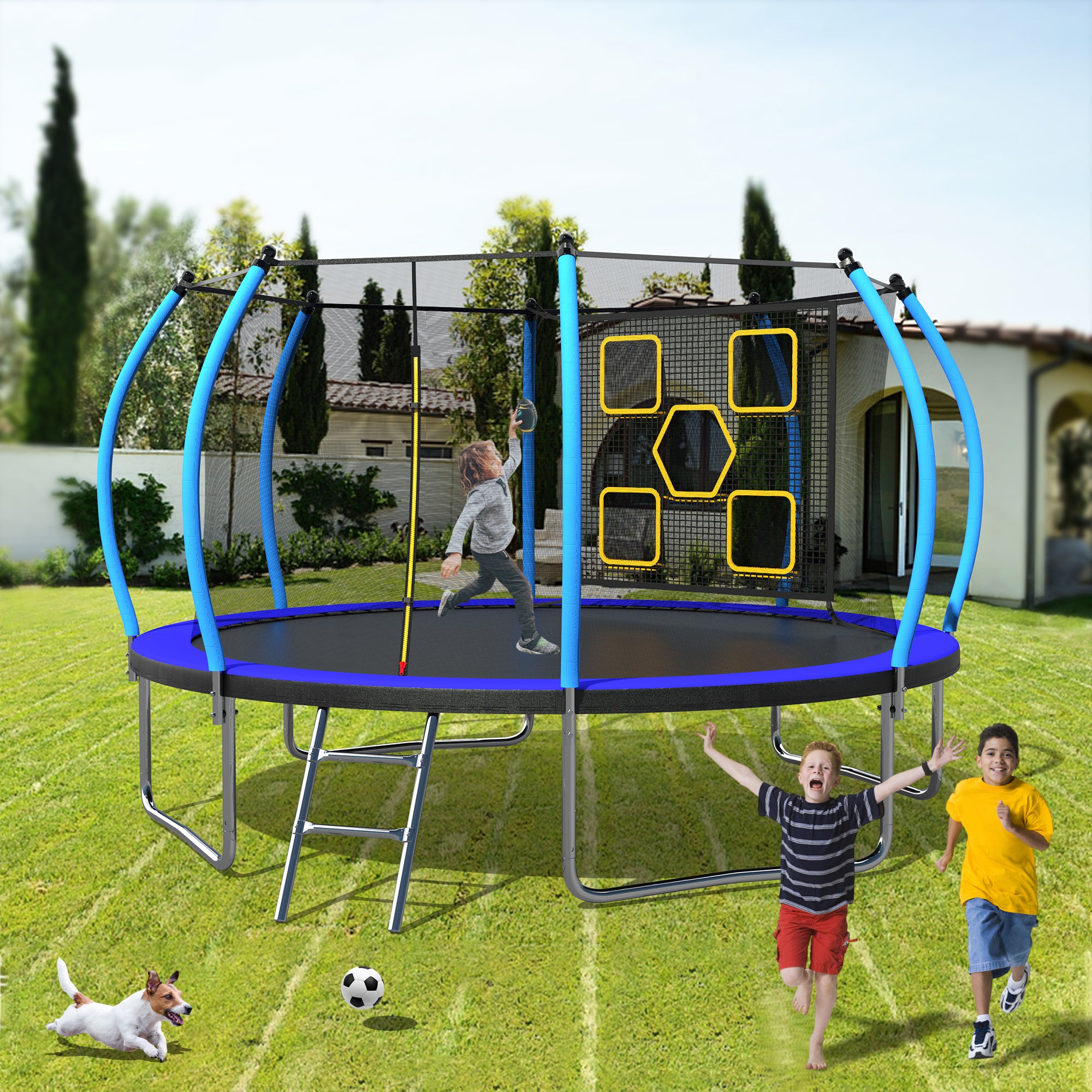 12FT Trampoline with Safety Enclosure & Ladder - ASTM Approved Outdoor Trampoline for Kids - Perfect for Backyard Fun, Exercise, and Family Recreation
