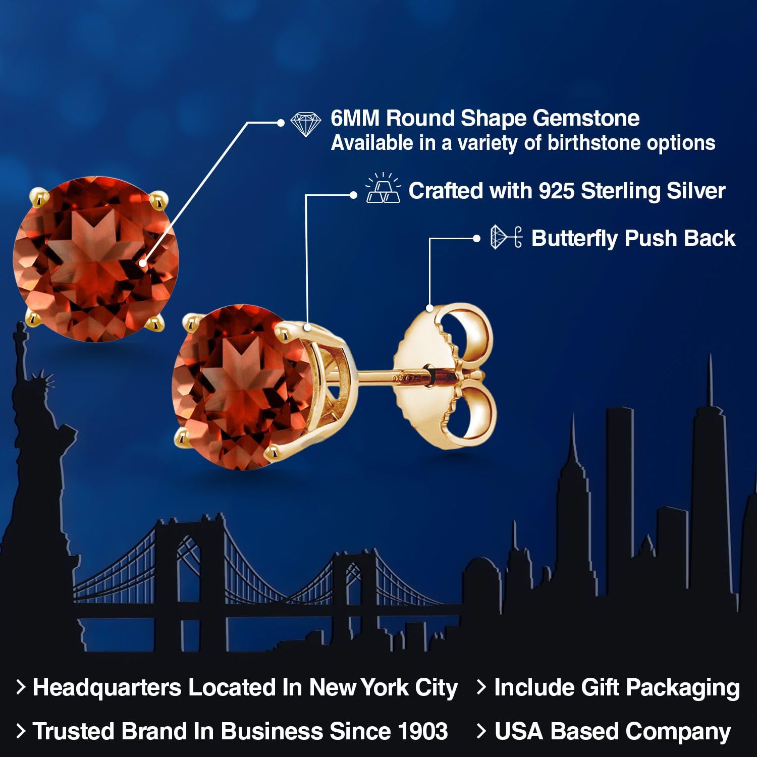 Gem Stone King 18K Yellow Gold Plated Sterling Silver 6MM Round Birthstone Stud Earrings for Women & Men | Perfect Gift for Anniversary, Birthday & Special Occasions