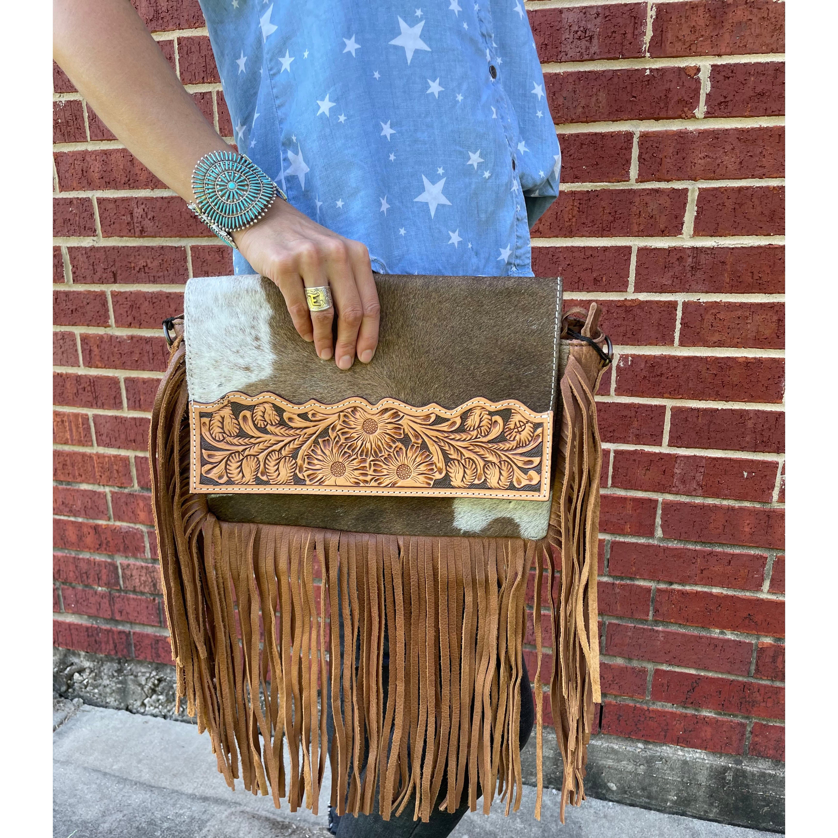 American Darling Brown & White Fringe Leather Purse - Stylish Boho Crossbody Bag for Women, Perfect for Parties, Concerts & Everyday Use