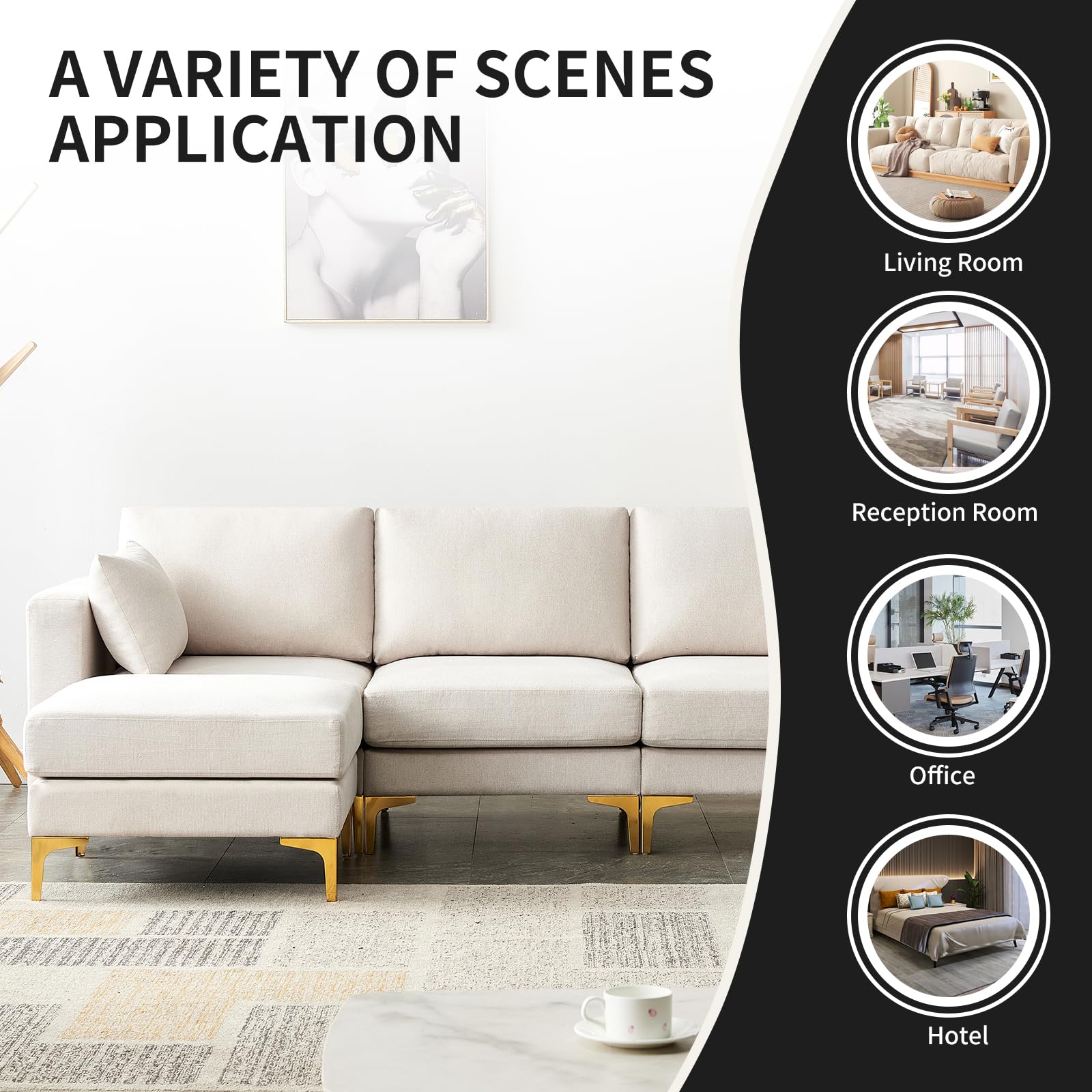 NIOIIKIT Modular Sectional Sofa - L-Shaped Upholstered Couch with Ottoman & Throw Pillows, 3-Seat Convertible Sofa with Chaise Lounge, Deep Seat Living Room Furniture for Small Spaces (Beige) | Perfect for Apartments, Home Theater & Family Gatherings