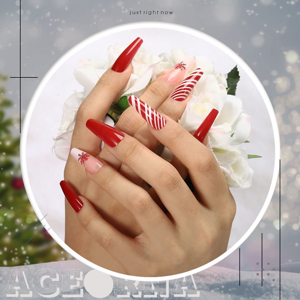 24PCS Red Long Press on Nails - Glossy Christmas Fake Nails with Black Coffin Snowflake Design, Full Cover Acrylic False Nails for Women & Girls | Perfect for Holiday Parties, Gift Giving & Winter Nail Art (Type A)
