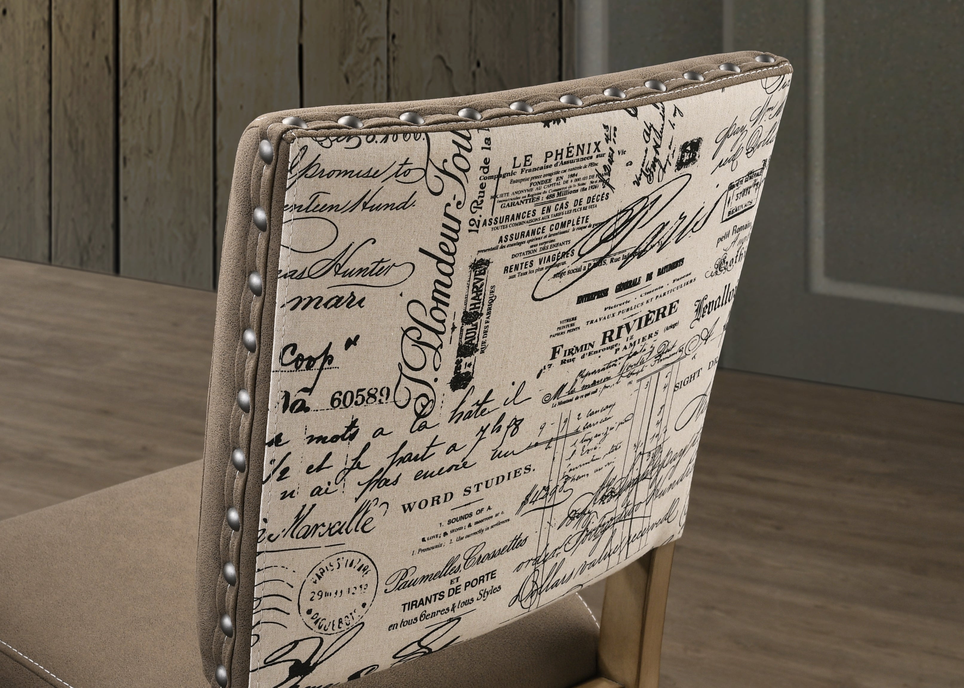 Roundhill Furniture Birmingham Script Printed Driftwood Finish Counter Height Dining Chairs with Nailhead Trim - Set of 2 - Perfect for Kitchen Islands, Breakfast Bars & Small Space Dining
