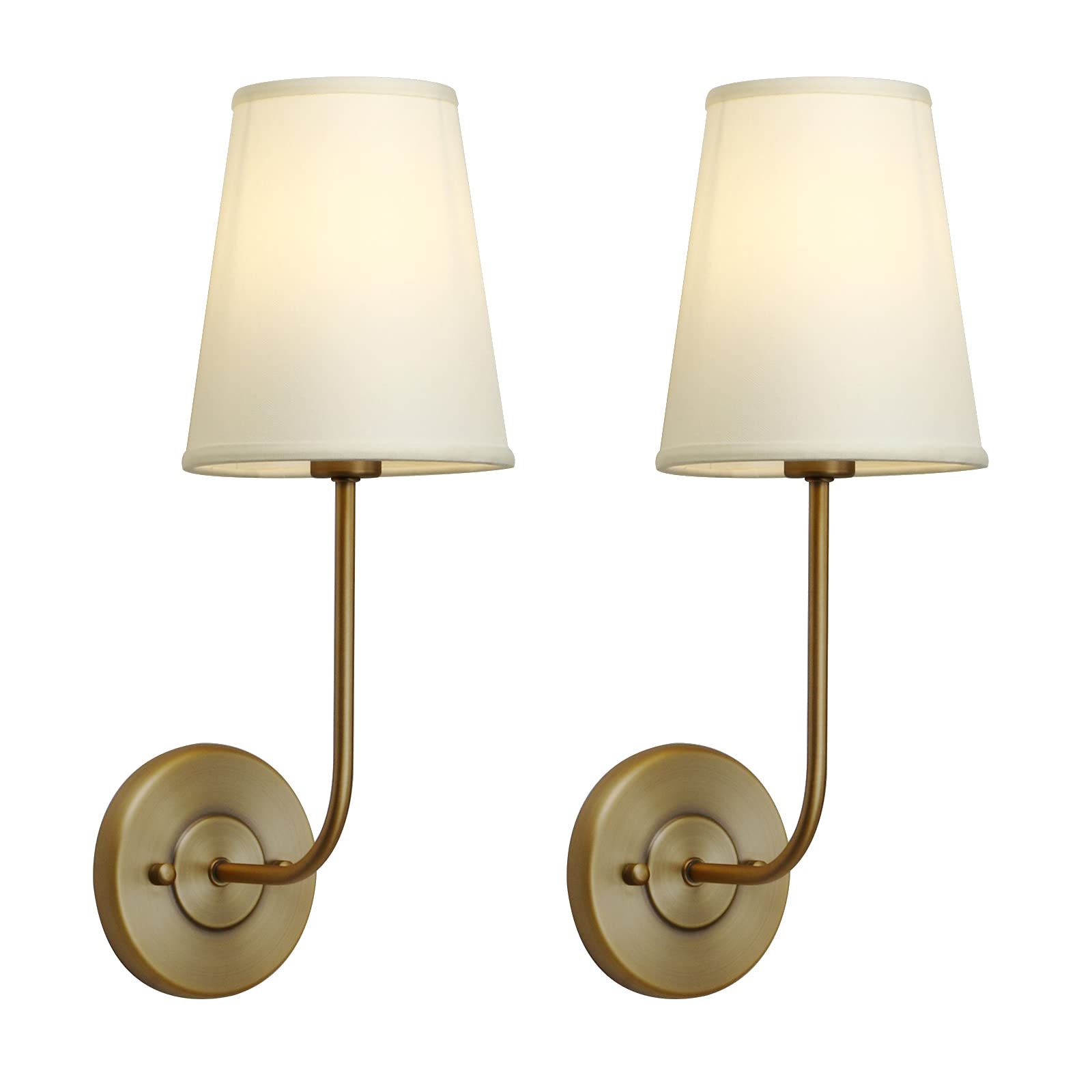 Pathson Set of 2 Rustic Wall Sconces with Light-Yellow Fabric Shade - Antique Vanity Lights for Bathroom, Modern Wall Lighting for Bedroom & Living Room - Perfect for Farmhouse Decor & Cozy Ambience
