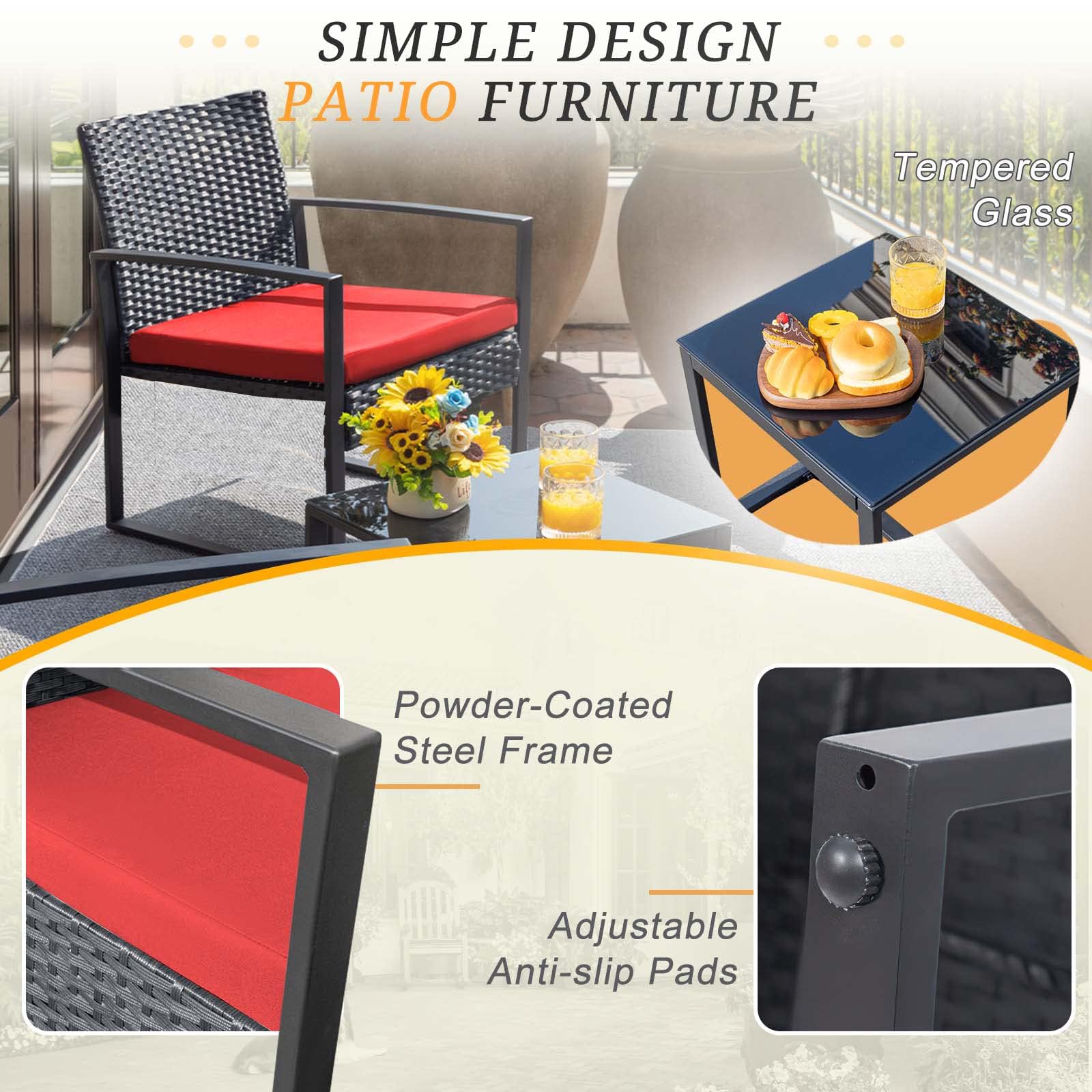 Flamaker 3-Piece Wicker Patio Furniture Set - Modern Outdoor Rattan Chairs with Coffee Table for Garden, Yard, Bistro & Backyard (Red) - Perfect for Relaxing, Entertaining & Outdoor Dining