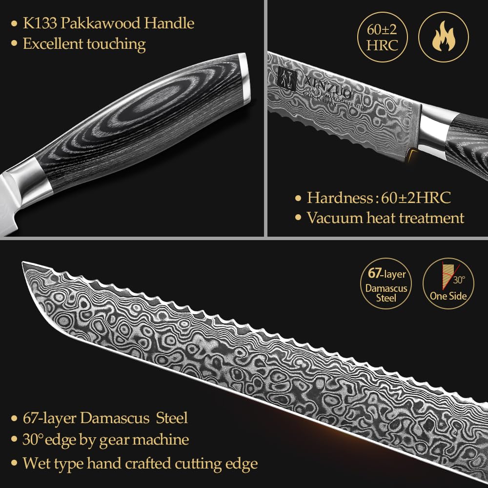 XINZUO 8 Inch Bread Knife - High Carbon 67 Layer Japanese VG10 Damascus Steel Chef Knife with Pakkawood Handle - Professional Kitchen Knife for Slicing Bread, Cake & Pastry - Perfect for Home Chefs & Bakeries
